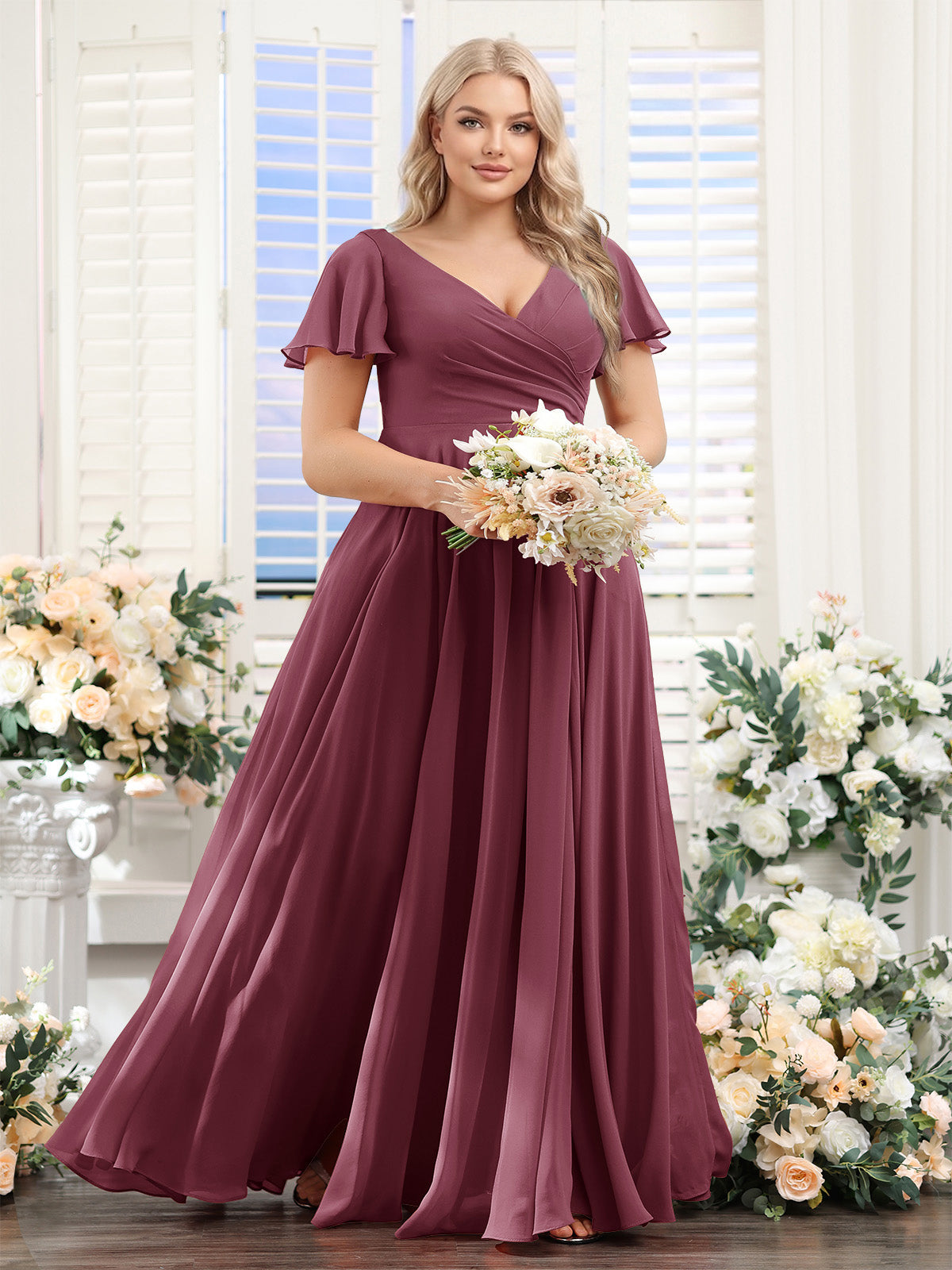 A-Line V-Neck Short Sleeves Split Side Ruched Chiffon Plus Size Bridesmaid Dresses Mulberry