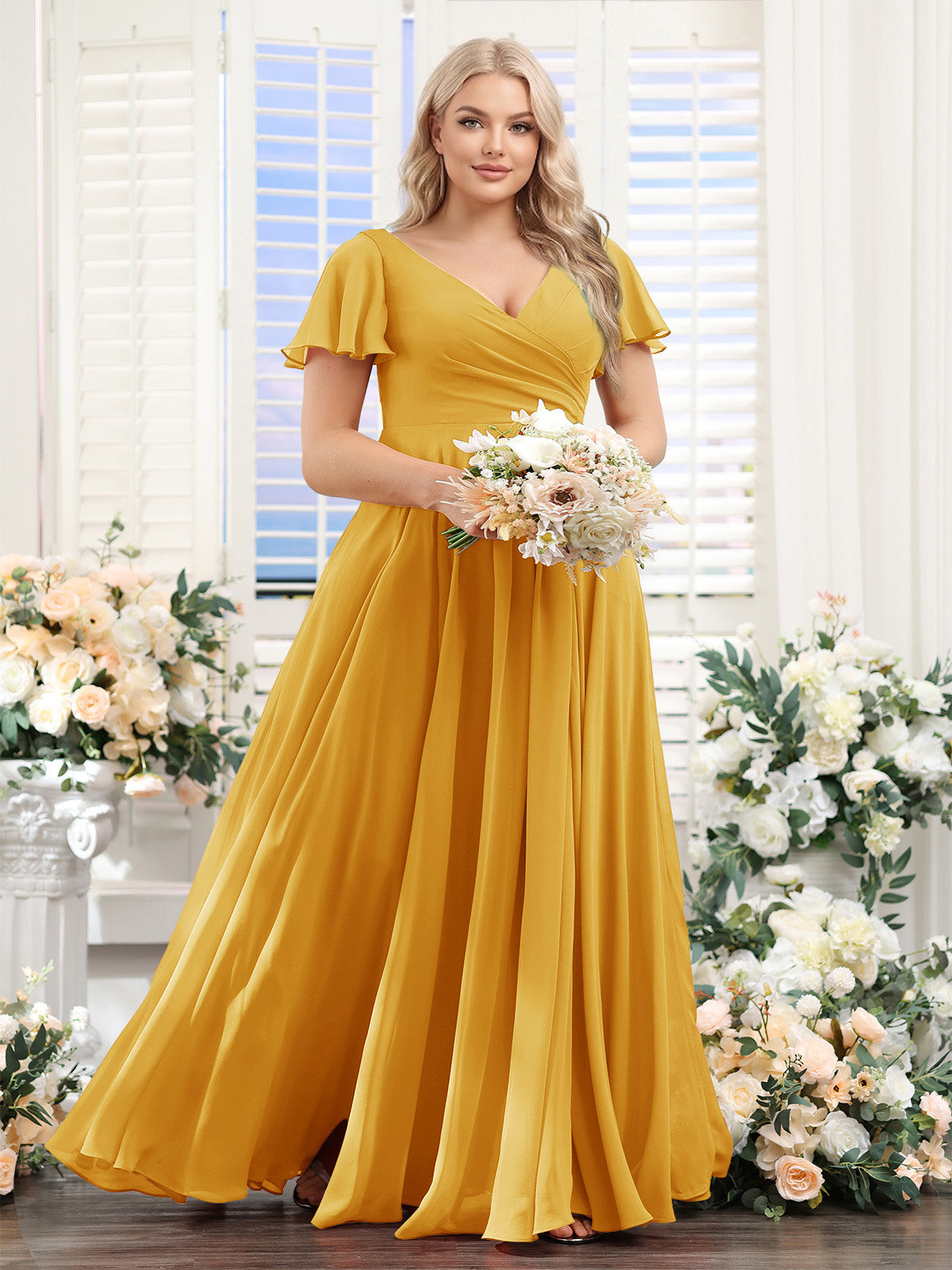 A-Line V-Neck Short Sleeves Split Side Ruched Chiffon Plus Size Bridesmaid Dresses Mustard Yellow