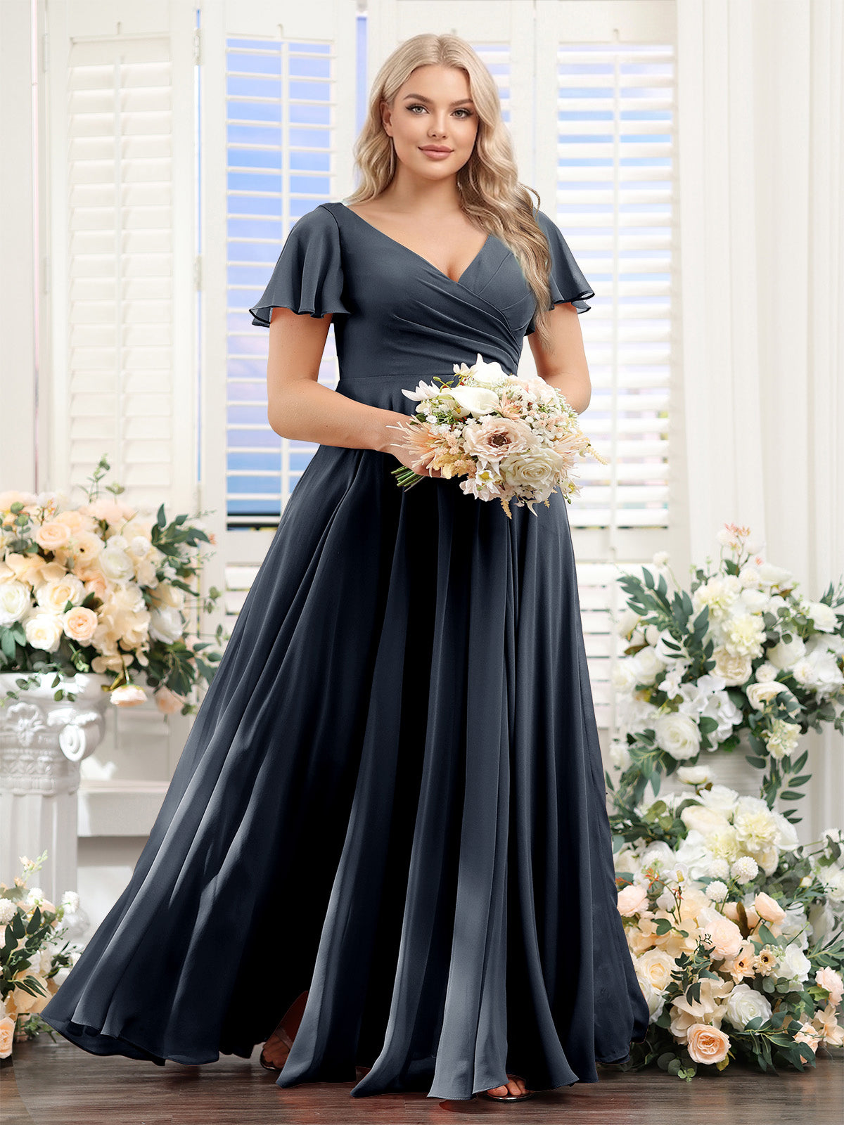 A-Line V-Neck Short Sleeves Split Side Ruched Chiffon Plus Size Bridesmaid Dresses Navy Blue