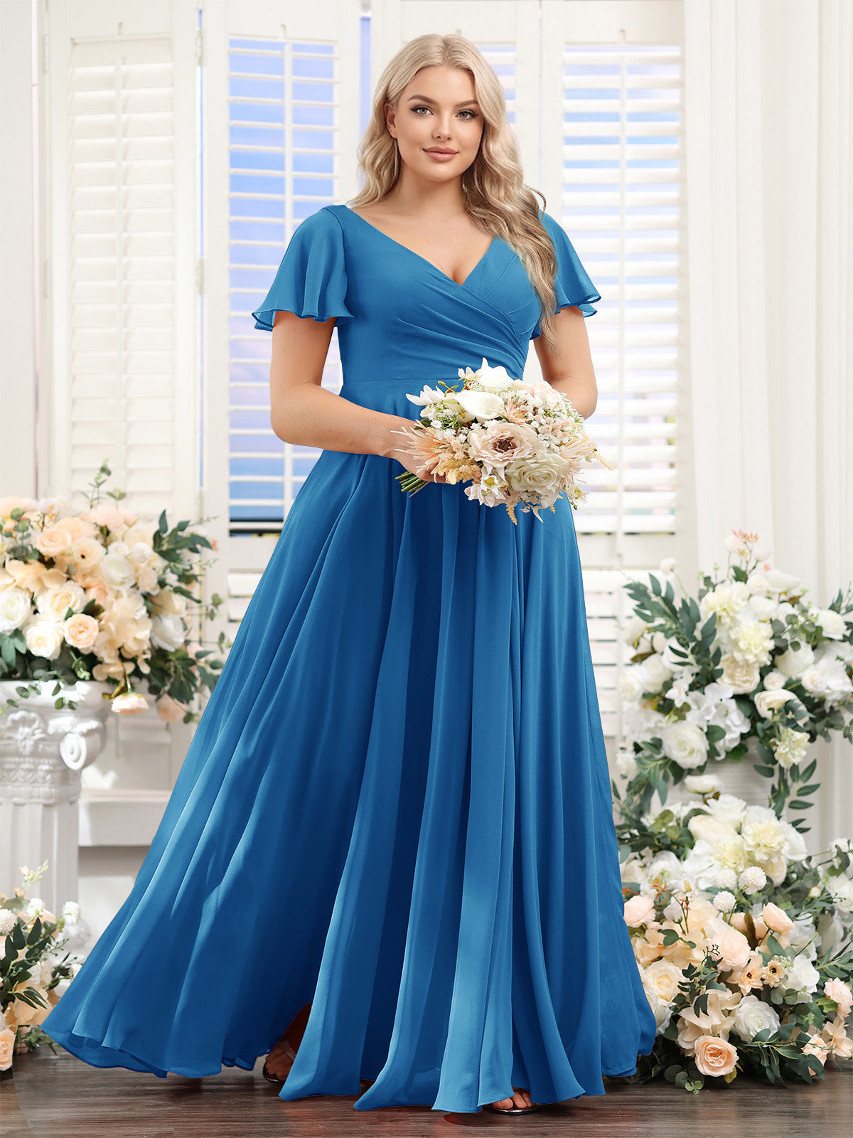 A-Line V-Neck Short Sleeves Split Side Ruched Chiffon Plus Size Bridesmaid Dresses Ocean Blue