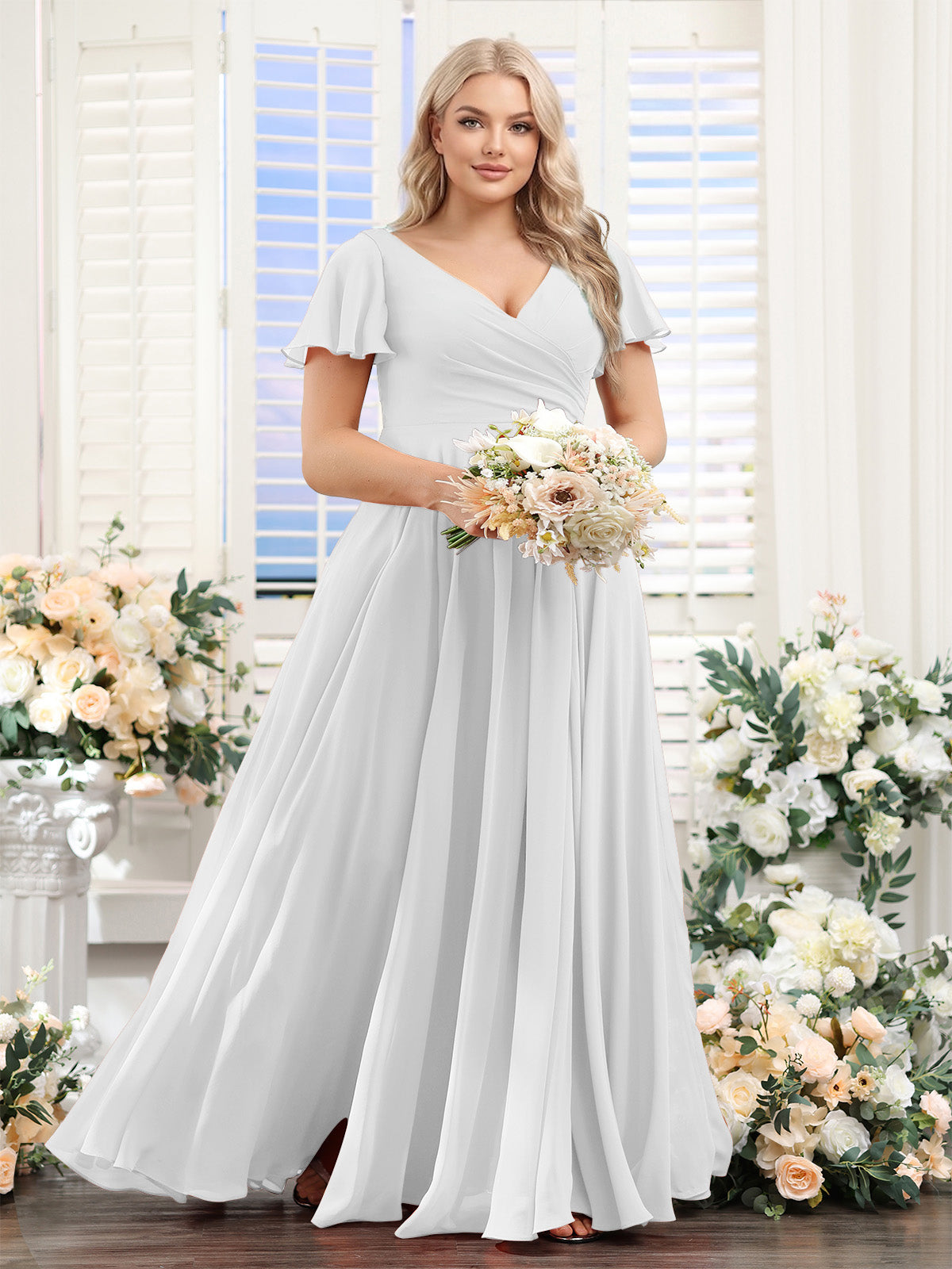 A-Line V-Neck Short Sleeves Split Side Ruched Chiffon Plus Size Bridesmaid Dresses Off White