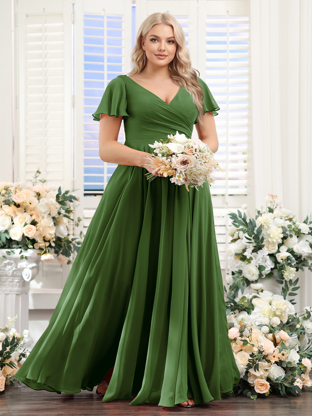 A-Line V-Neck Short Sleeves Split Side Ruched Chiffon Plus Size Bridesmaid Dresses Olive Green