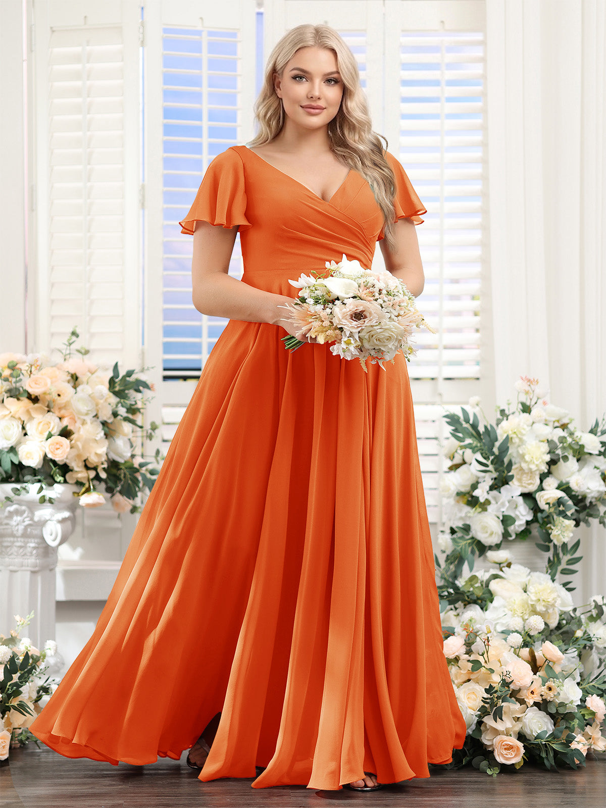 A-Line V-Neck Short Sleeves Split Side Ruched Chiffon Plus Size Bridesmaid Dresses Orange