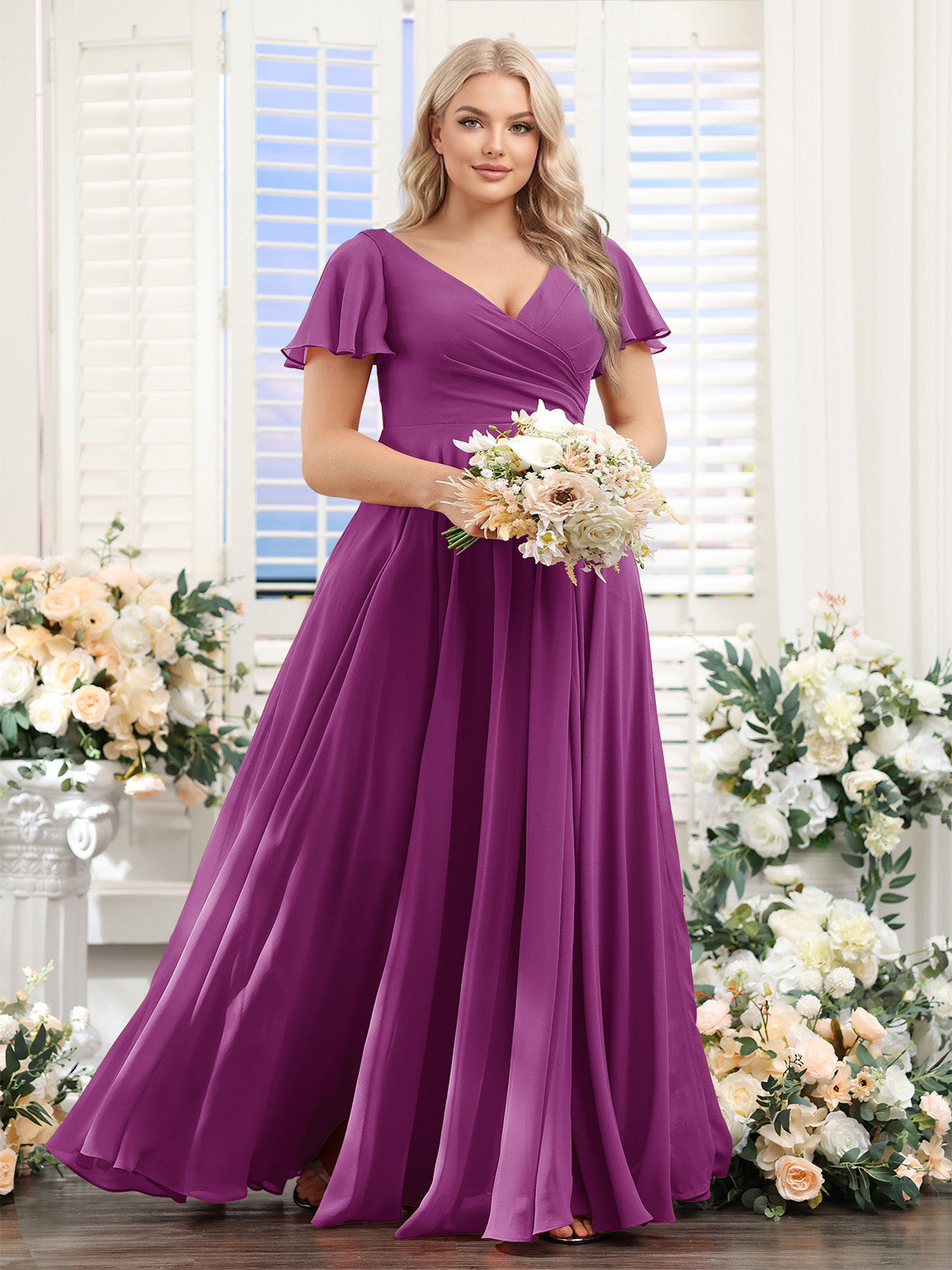 A-Line V-Neck Short Sleeves Split Side Ruched Chiffon Plus Size Bridesmaid Dresses Orchid