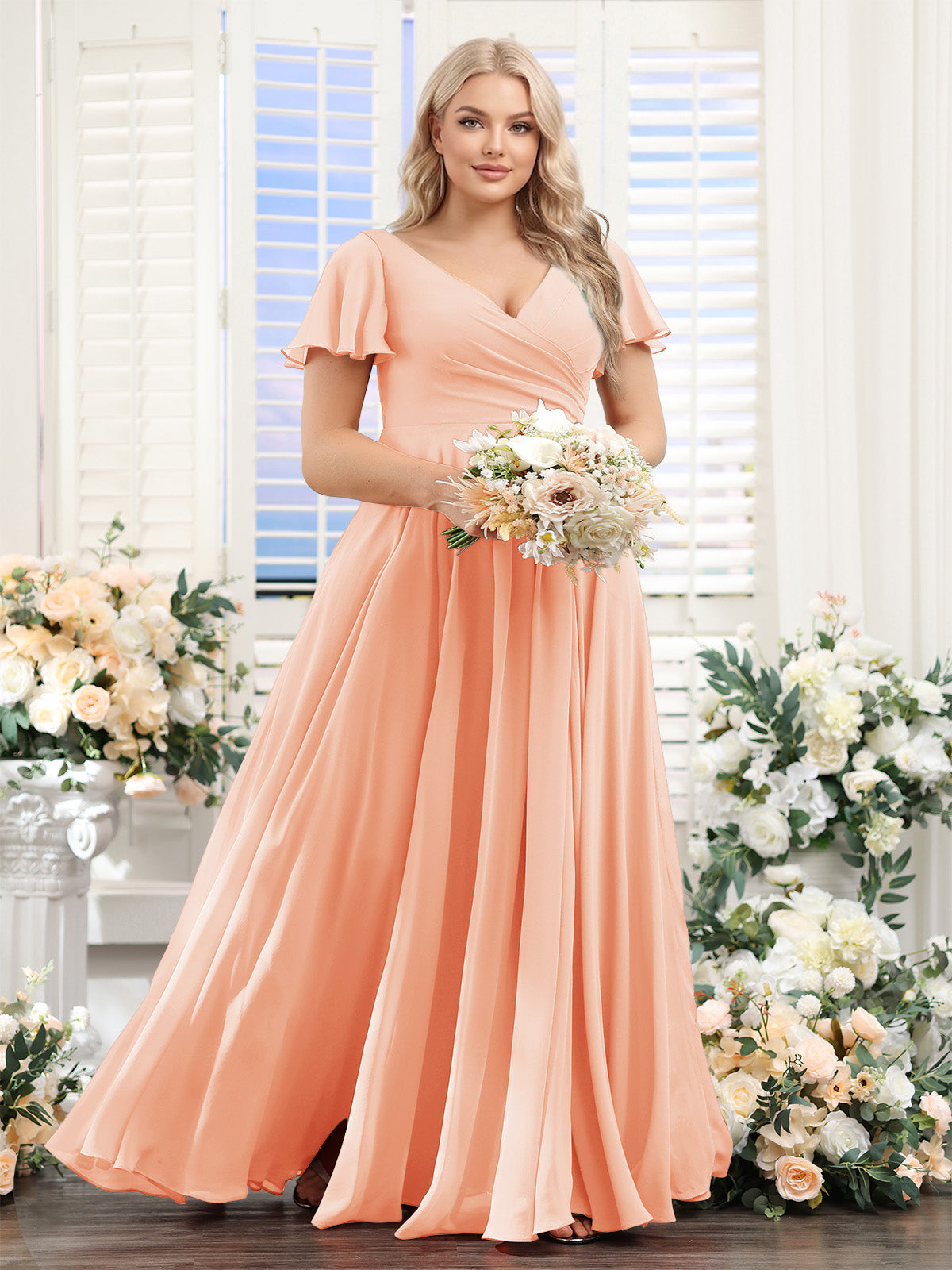 A-Line V-Neck Short Sleeves Split Side Ruched Chiffon Plus Size Bridesmaid Dresses Peach Pink