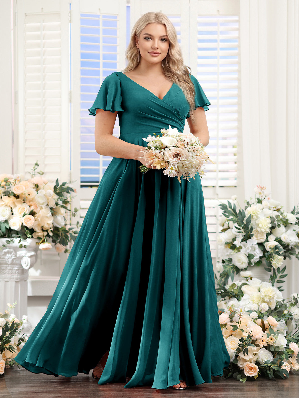 A-Line V-Neck Short Sleeves Split Side Ruched Chiffon Plus Size Bridesmaid Dresses Peacock