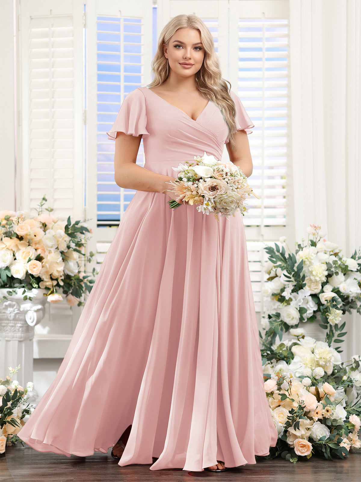 A-Line V-Neck Short Sleeves Split Side Ruched Chiffon Plus Size Bridesmaid Dresses Pearl Pink