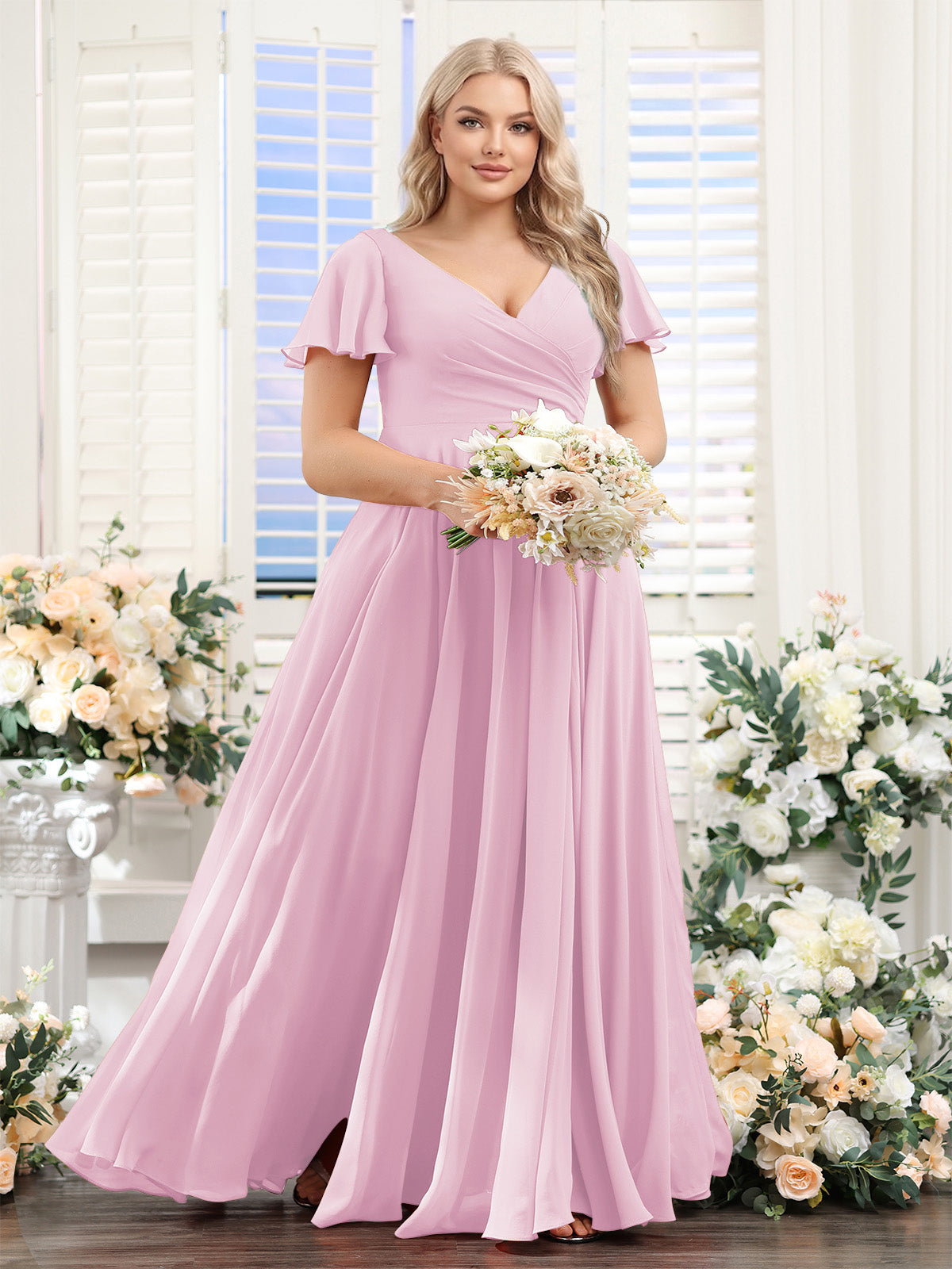 A-Line V-Neck Short Sleeves Split Side Ruched Chiffon Plus Size Bridesmaid Dresses Pink