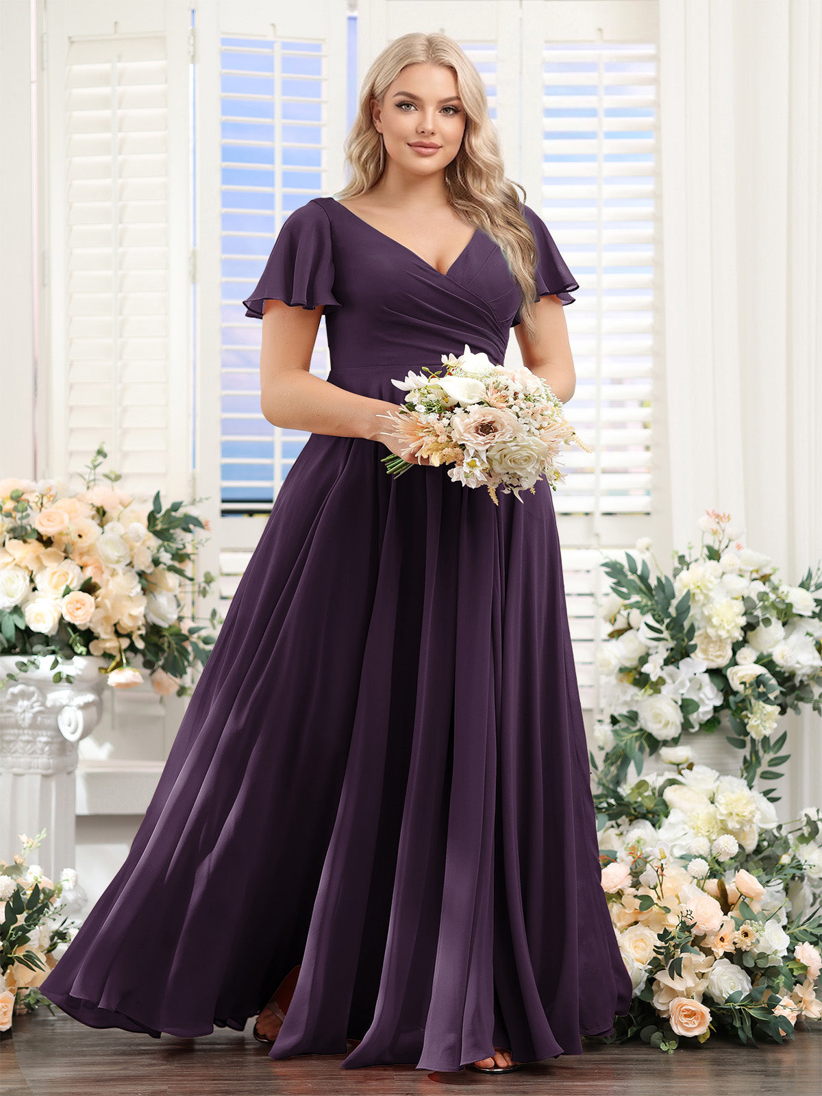 A-Line V-Neck Short Sleeves Split Side Ruched Chiffon Plus Size Bridesmaid Dresses Plum