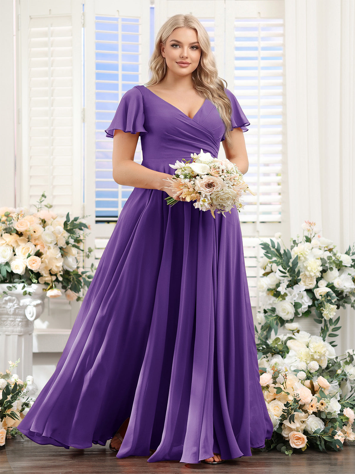 A-Line V-Neck Short Sleeves Split Side Ruched Chiffon Plus Size Bridesmaid Dresses Purple