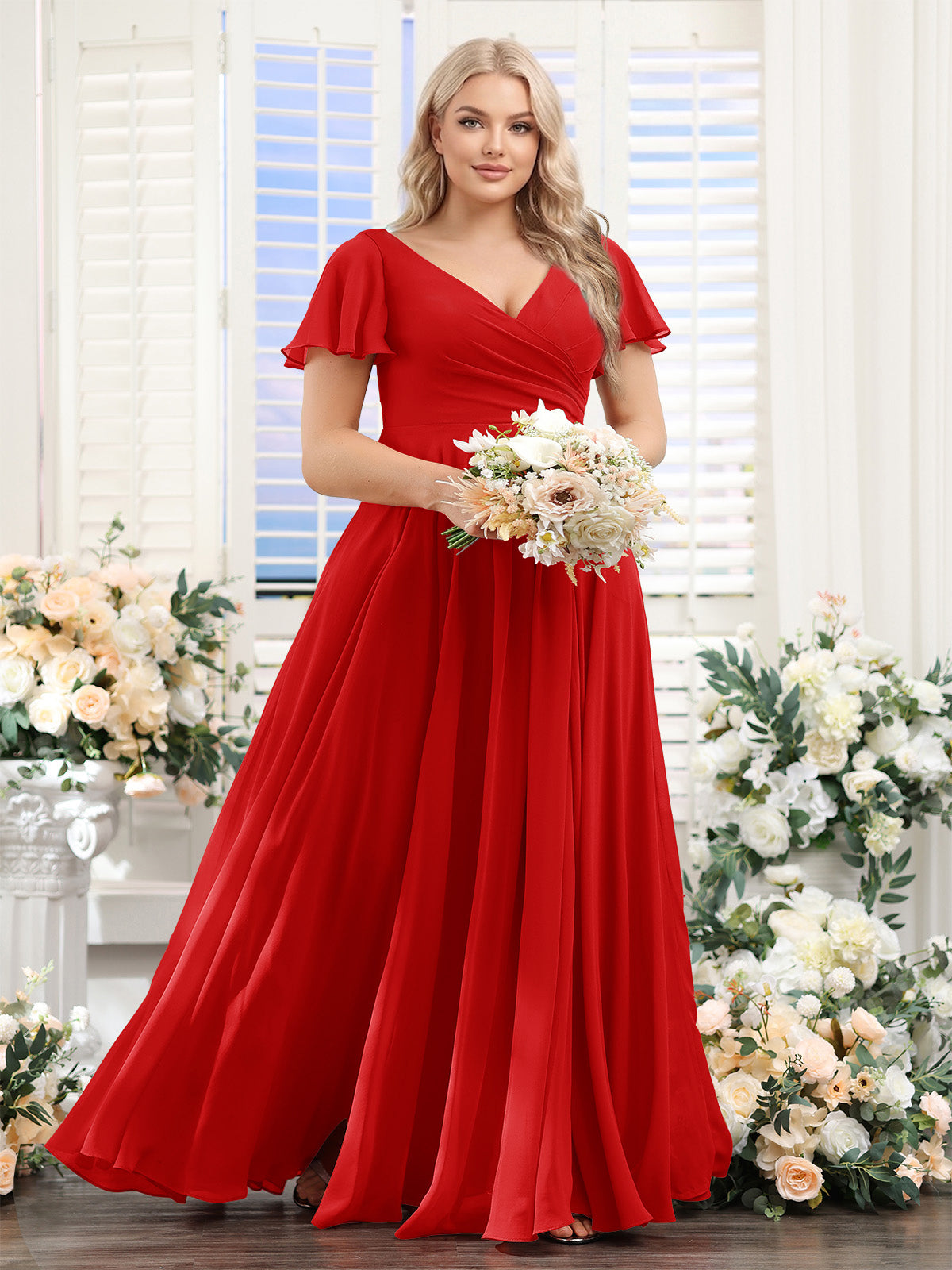 A-Line V-Neck Short Sleeves Split Side Ruched Chiffon Plus Size Bridesmaid Dresses Red