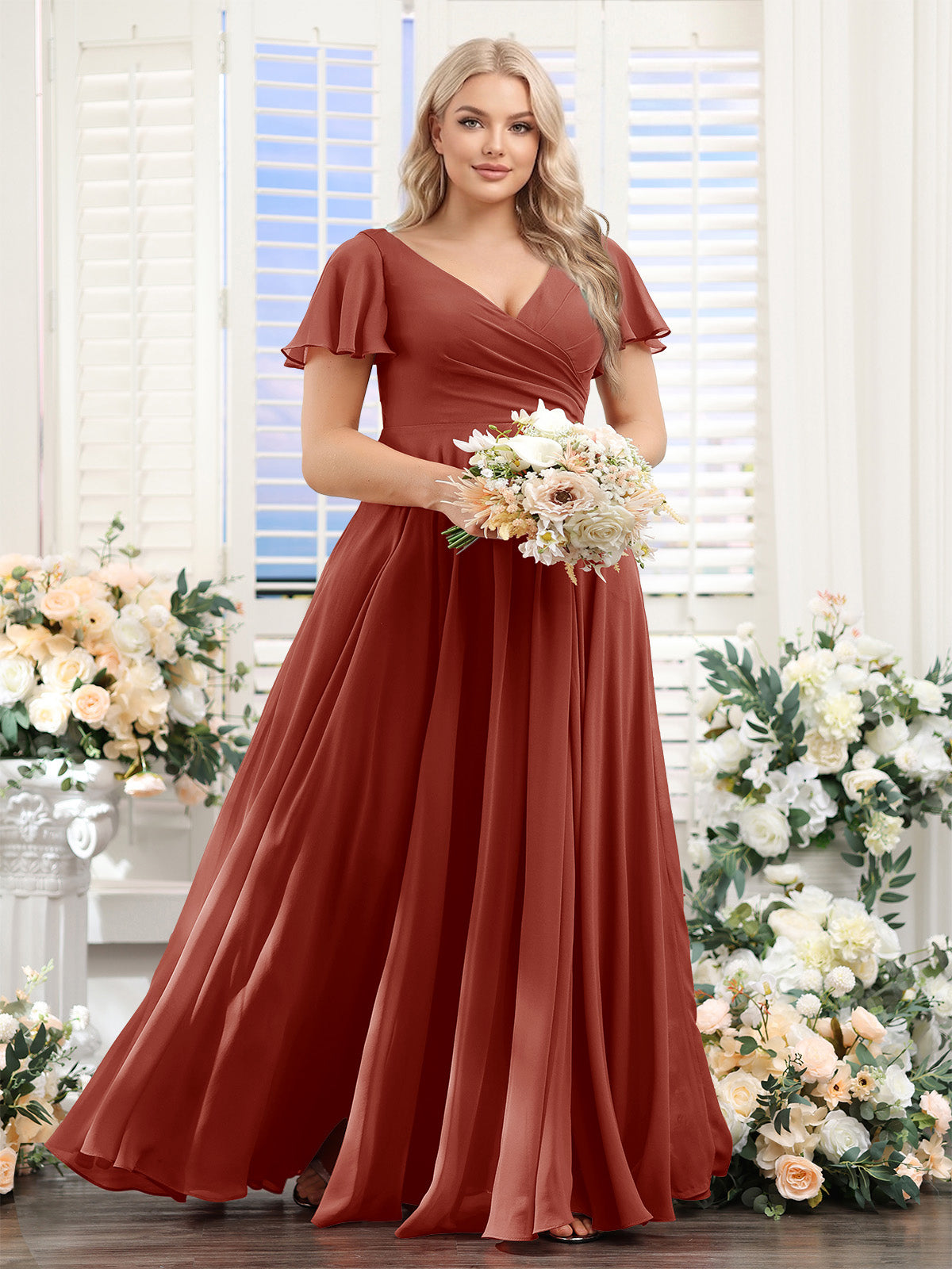 A-Line V-Neck Short Sleeves Split Side Ruched Chiffon Plus Size Bridesmaid Dresses Rust