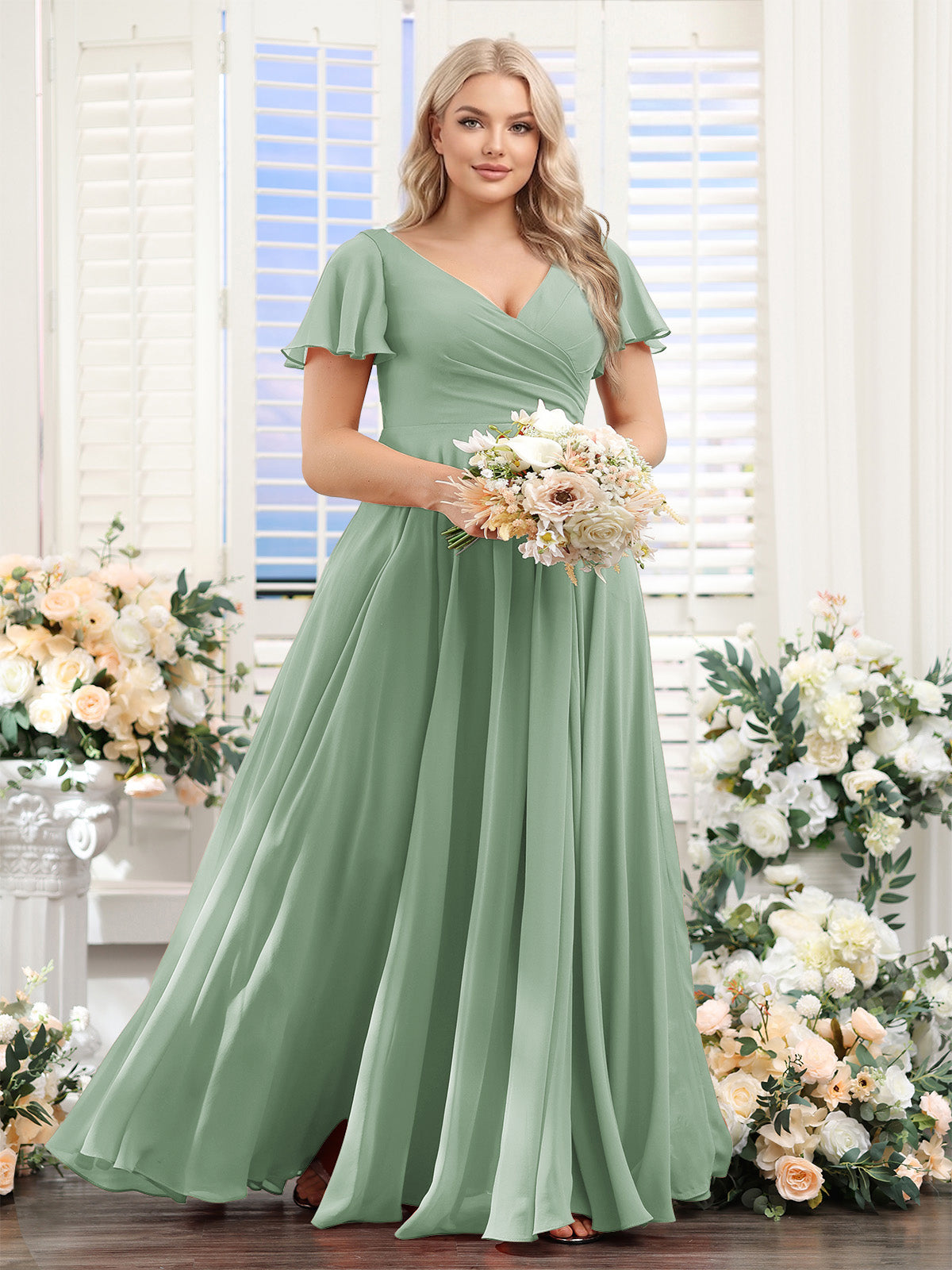 A-Line V-Neck Short Sleeves Split Side Ruched Chiffon Plus Size Bridesmaid Dresses Sage