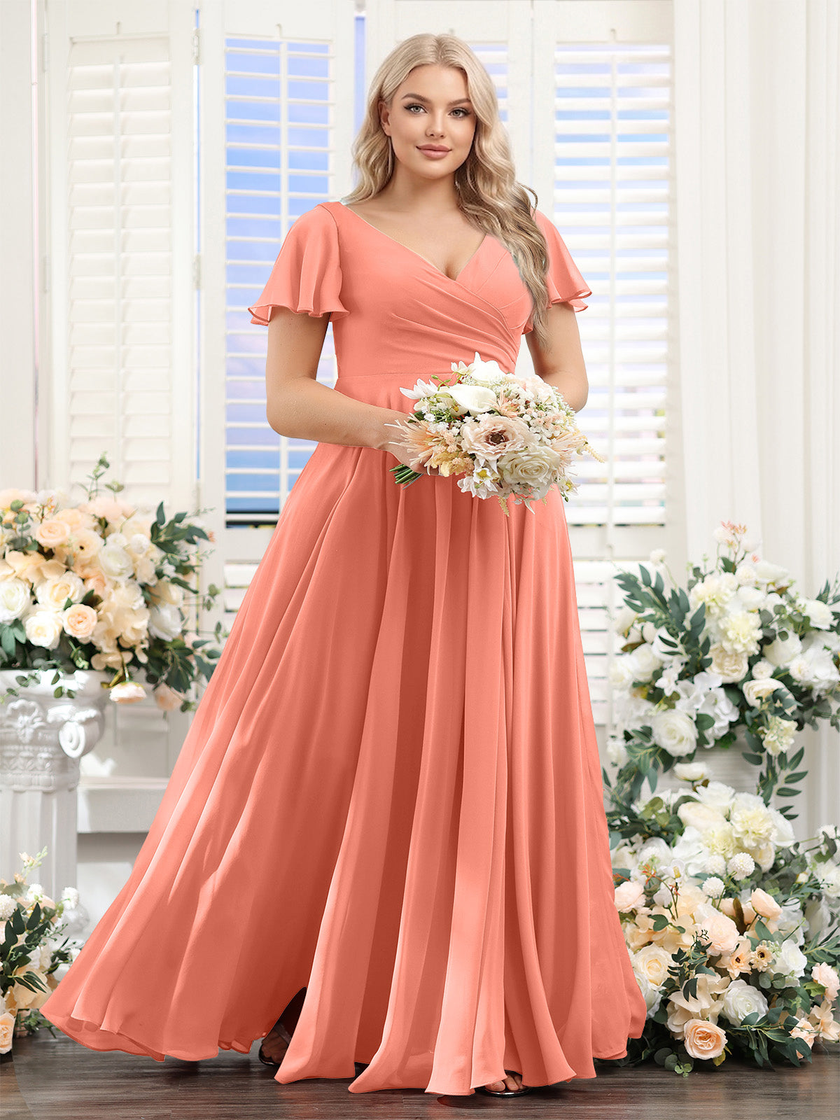 A-Line V-Neck Short Sleeves Split Side Ruched Chiffon Plus Size Bridesmaid Dresses Salmon