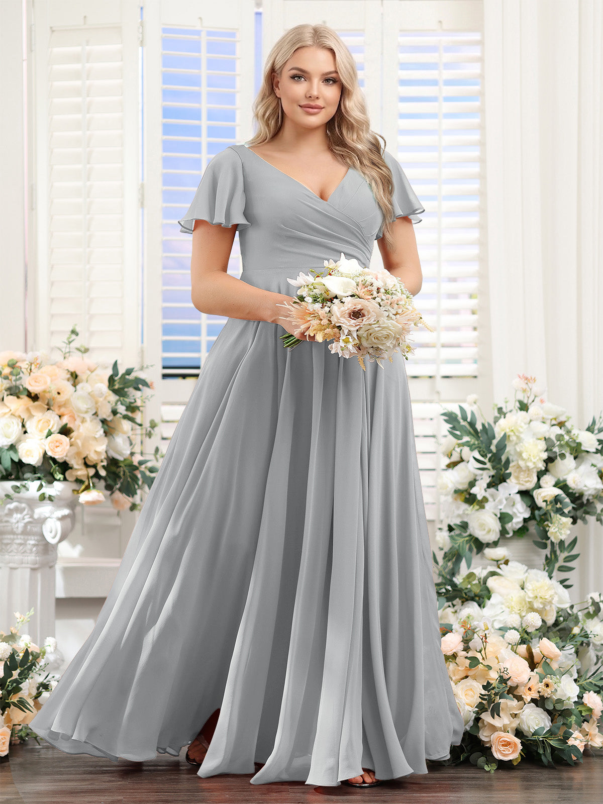 A-Line V-Neck Short Sleeves Split Side Ruched Chiffon Plus Size Bridesmaid Dresses Silver