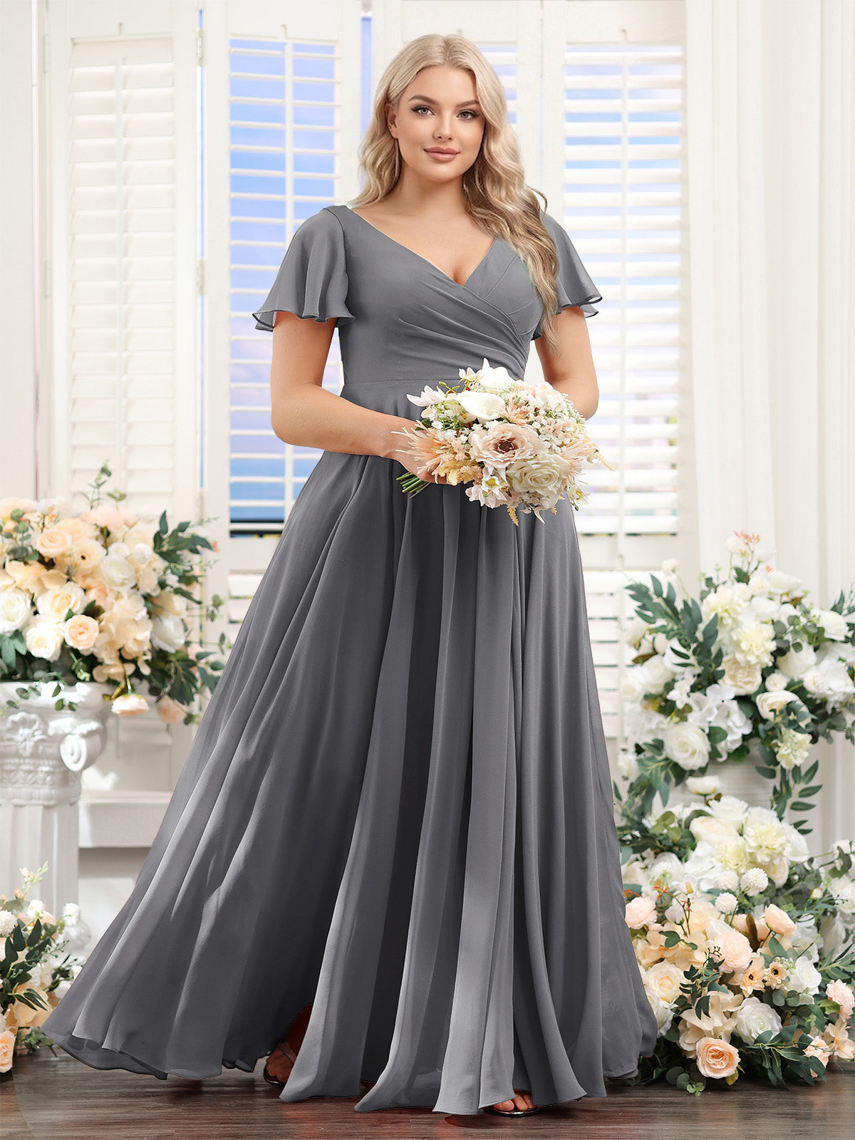 A-Line V-Neck Short Sleeves Split Side Ruched Chiffon Plus Size Bridesmaid Dresses Silver Gray