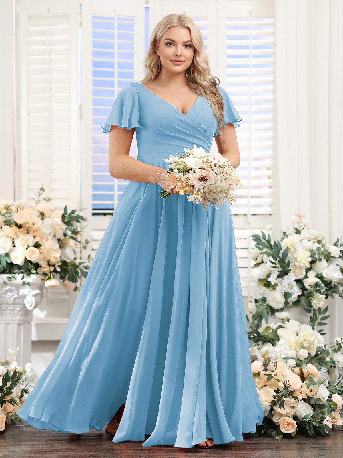A-Line V-Neck Short Sleeves Split Side Ruched Chiffon Plus Size Bridesmaid Dresses Sky Blue