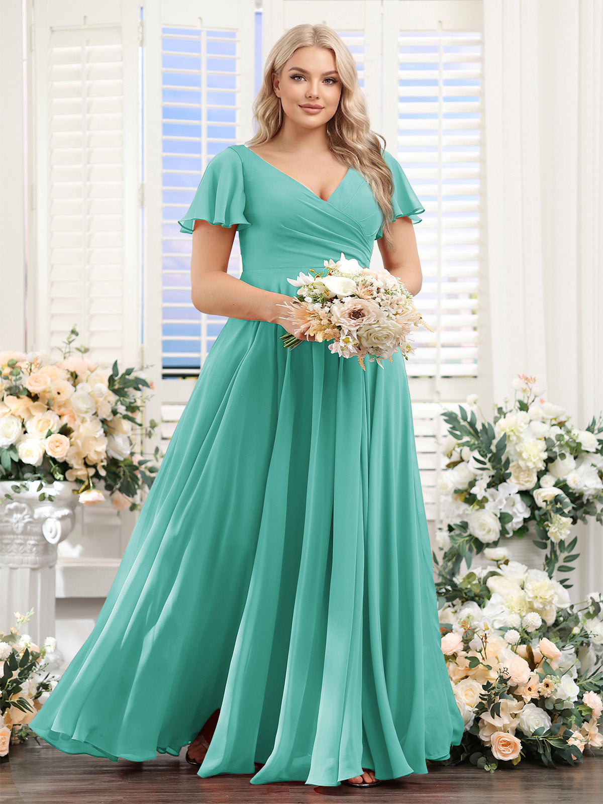 A-Line V-Neck Short Sleeves Split Side Ruched Chiffon Plus Size Bridesmaid Dresses Spa