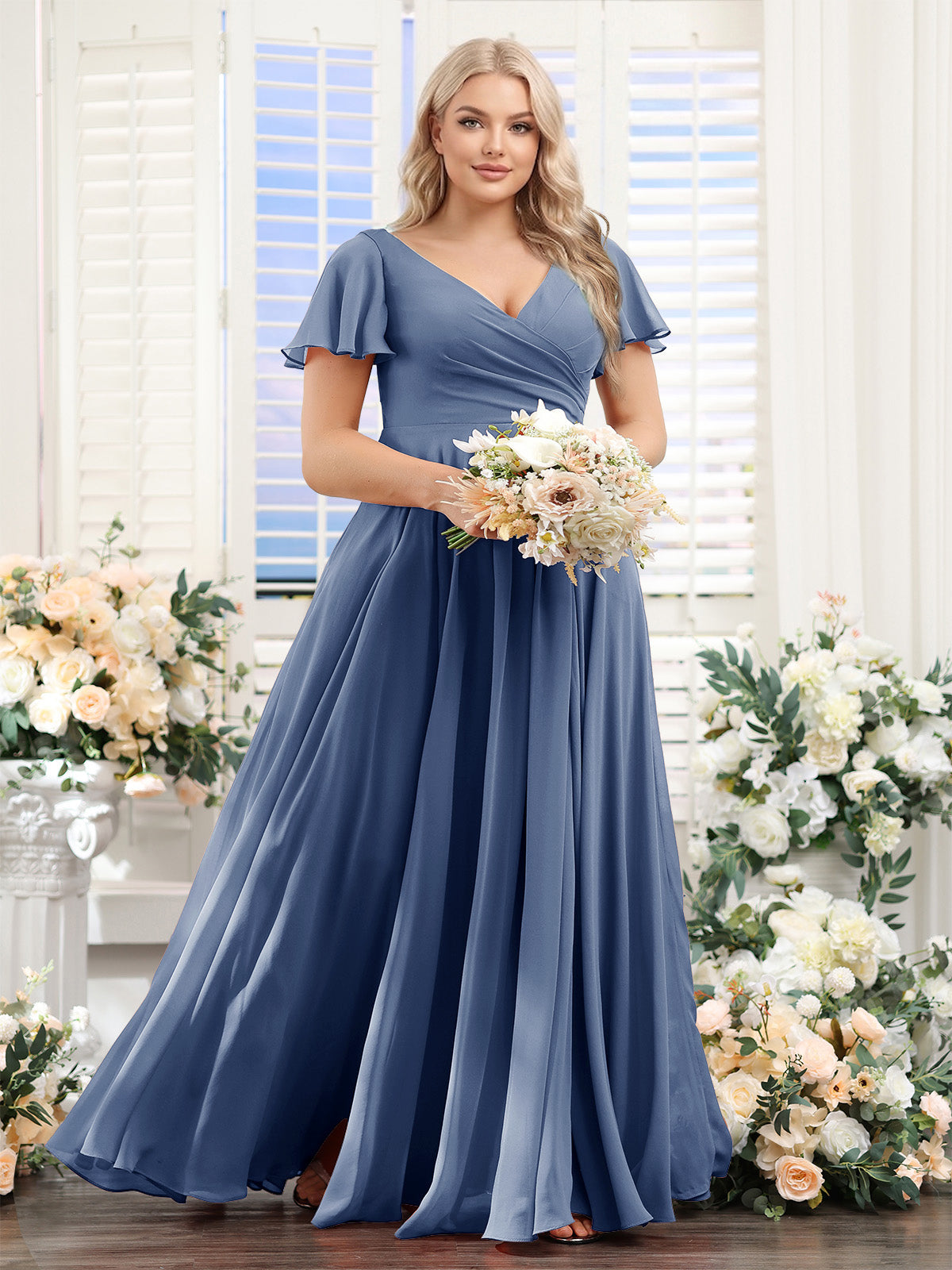A-Line V-Neck Short Sleeves Split Side Ruched Chiffon Plus Size Bridesmaid Dresses Steel Blue