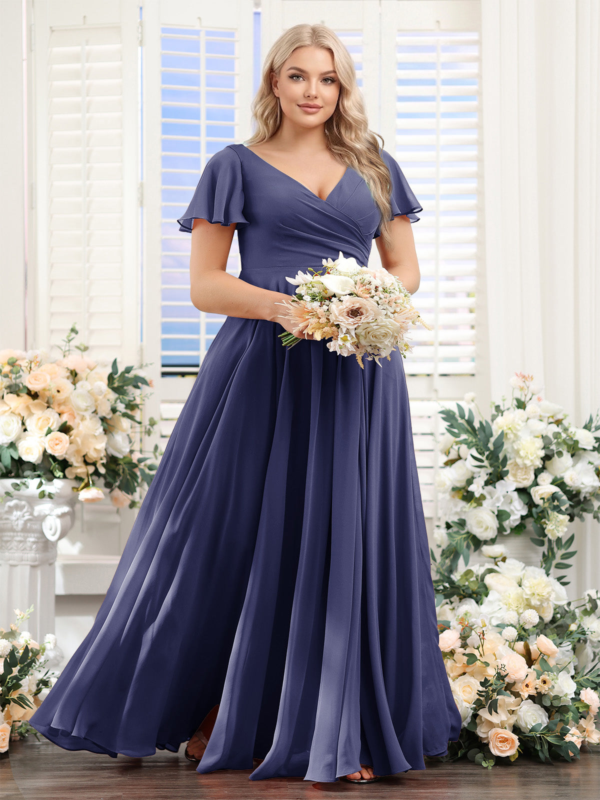 A-Line V-Neck Short Sleeves Split Side Ruched Chiffon Plus Size Bridesmaid Dresses Stormy Blue