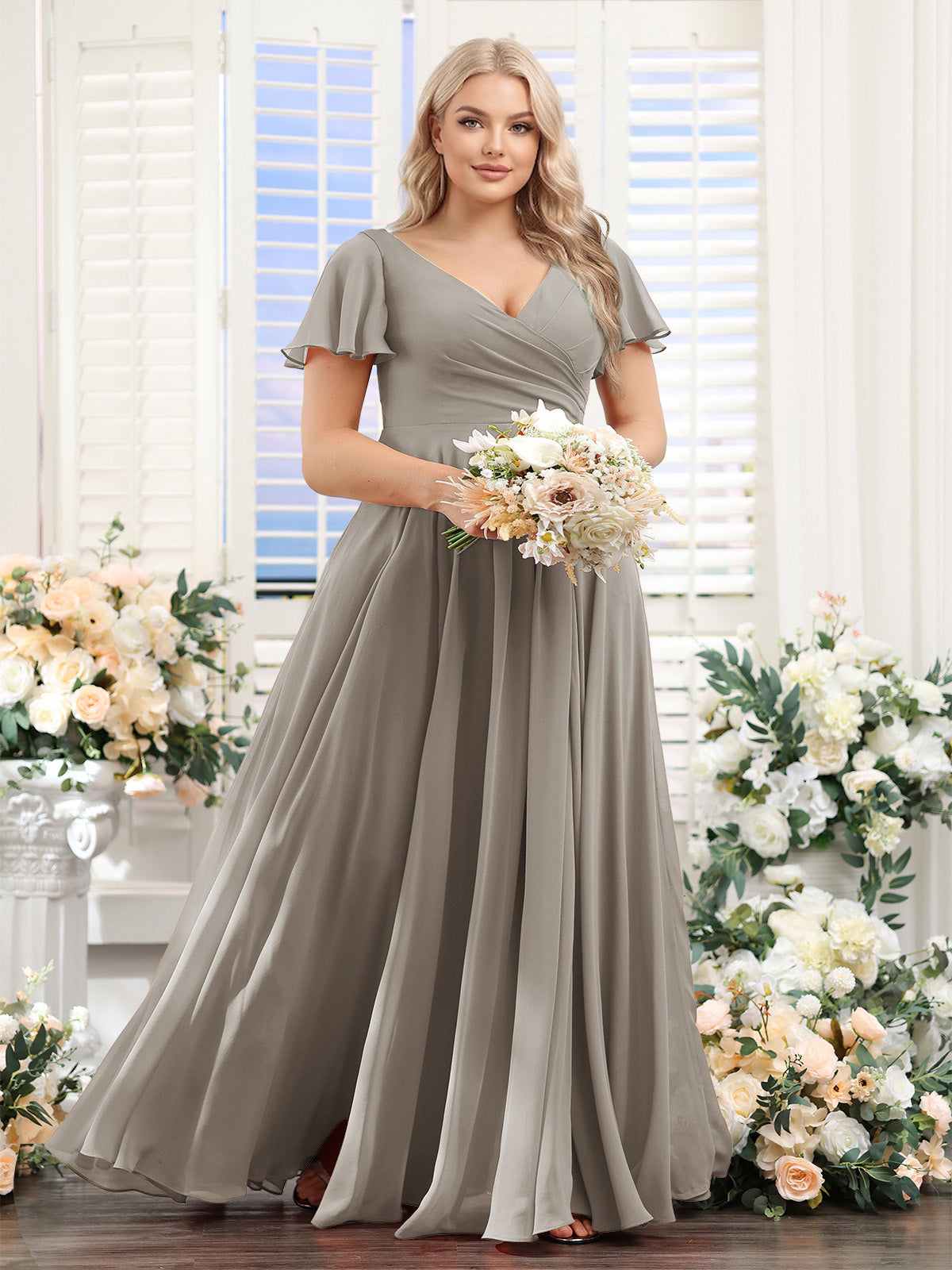 A-Line V-Neck Short Sleeves Split Side Ruched Chiffon Plus Size Bridesmaid Dresses Taupe