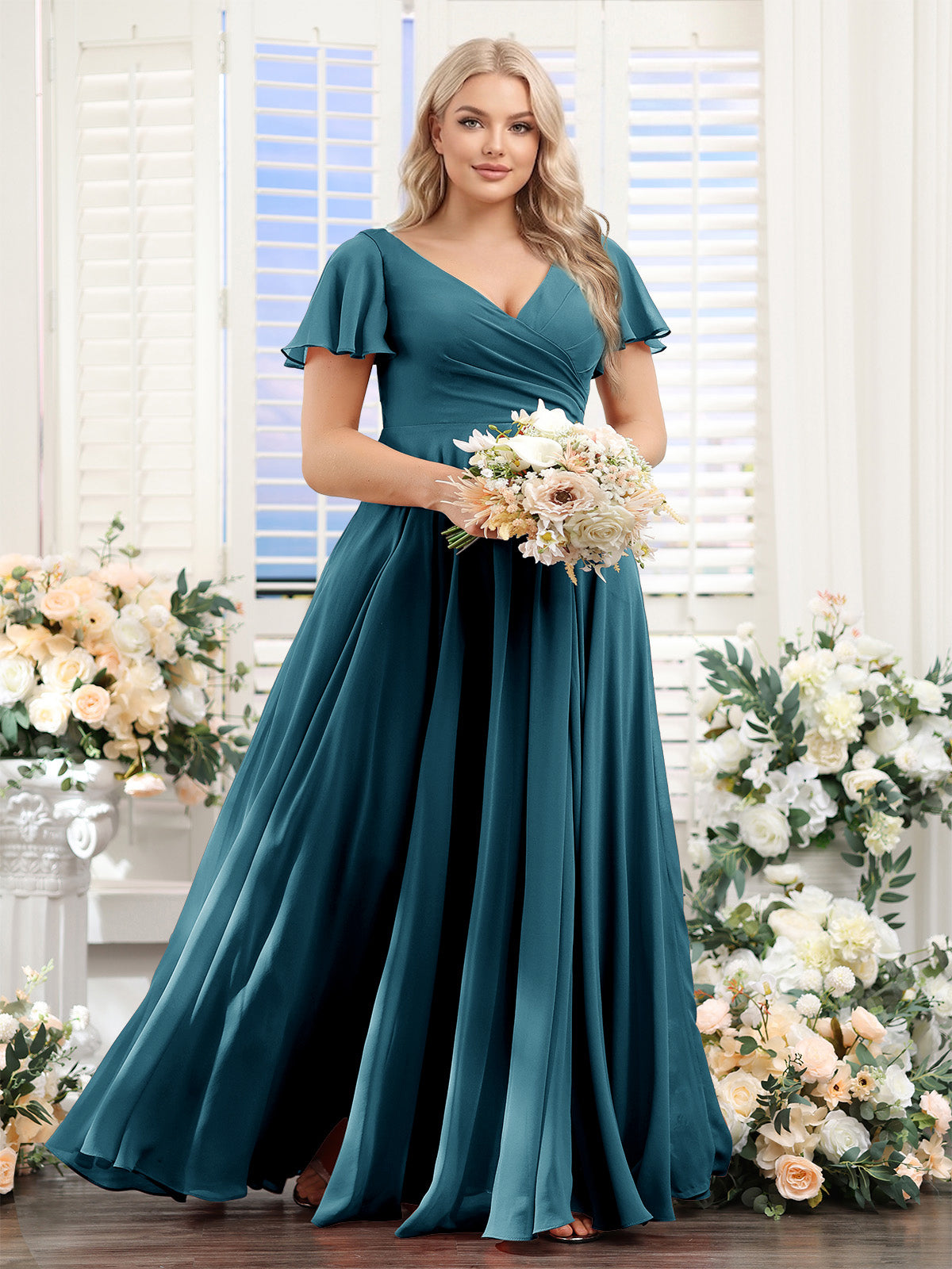 A-Line V-Neck Short Sleeves Split Side Ruched Chiffon Plus Size Bridesmaid Dresses Teal