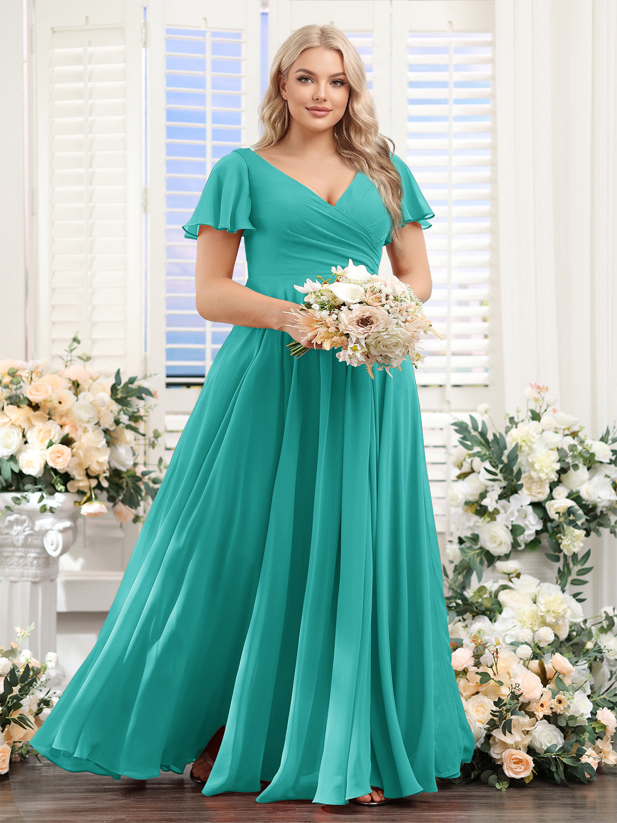 A-Line V-Neck Short Sleeves Split Side Ruched Chiffon Plus Size Bridesmaid Dresses Turquoise