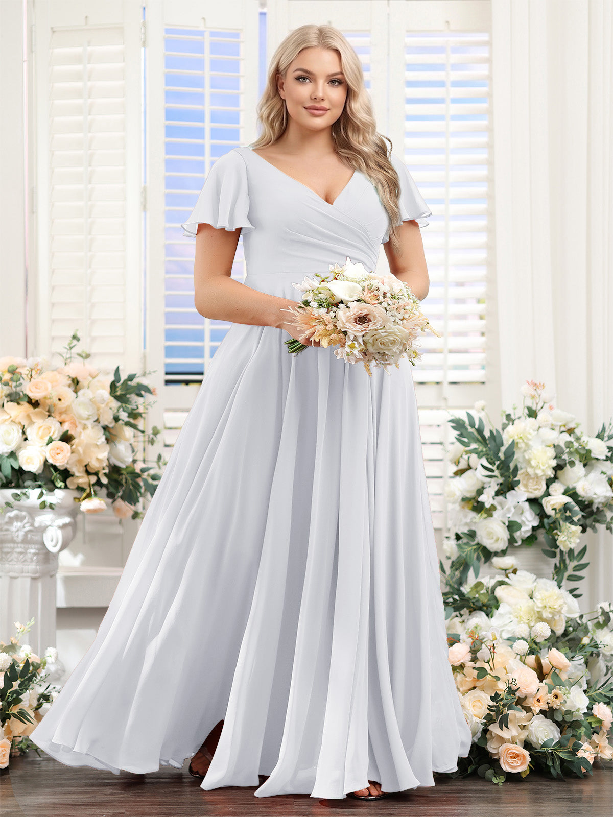 A-Line V-Neck Short Sleeves Split Side Ruched Chiffon Plus Size Bridesmaid Dresses White