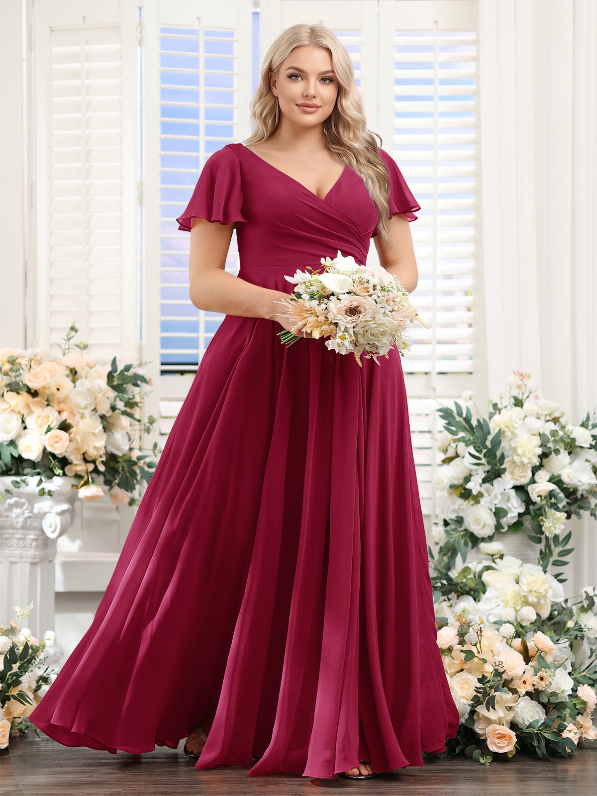 A-Line V-Neck Short Sleeves Split Side Ruched Chiffon Plus Size Bridesmaid Dresses Wine Red