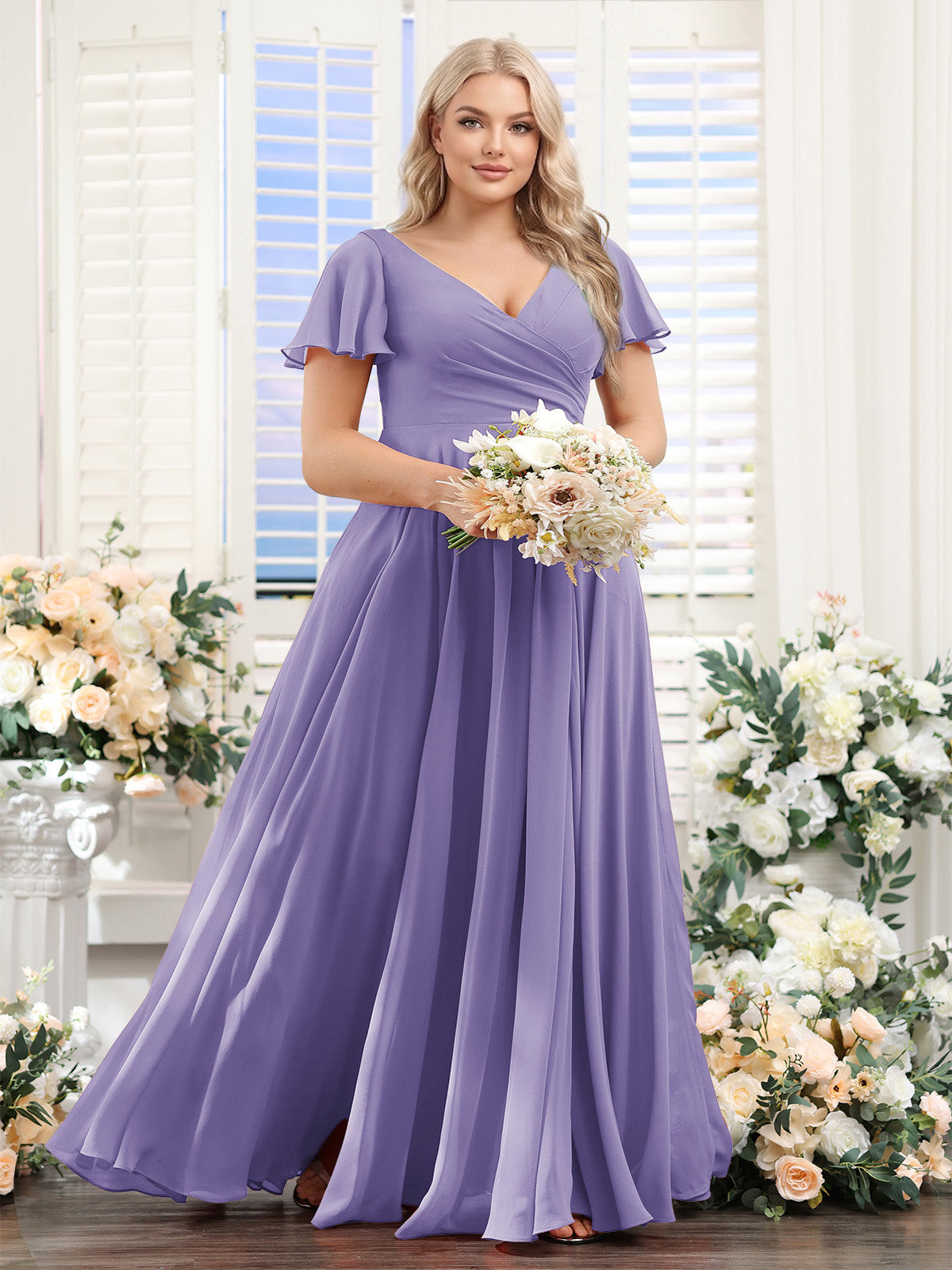 A-Line V-Neck Short Sleeves Split Side Ruched Chiffon Plus Size Bridesmaid Dresses Wisteria