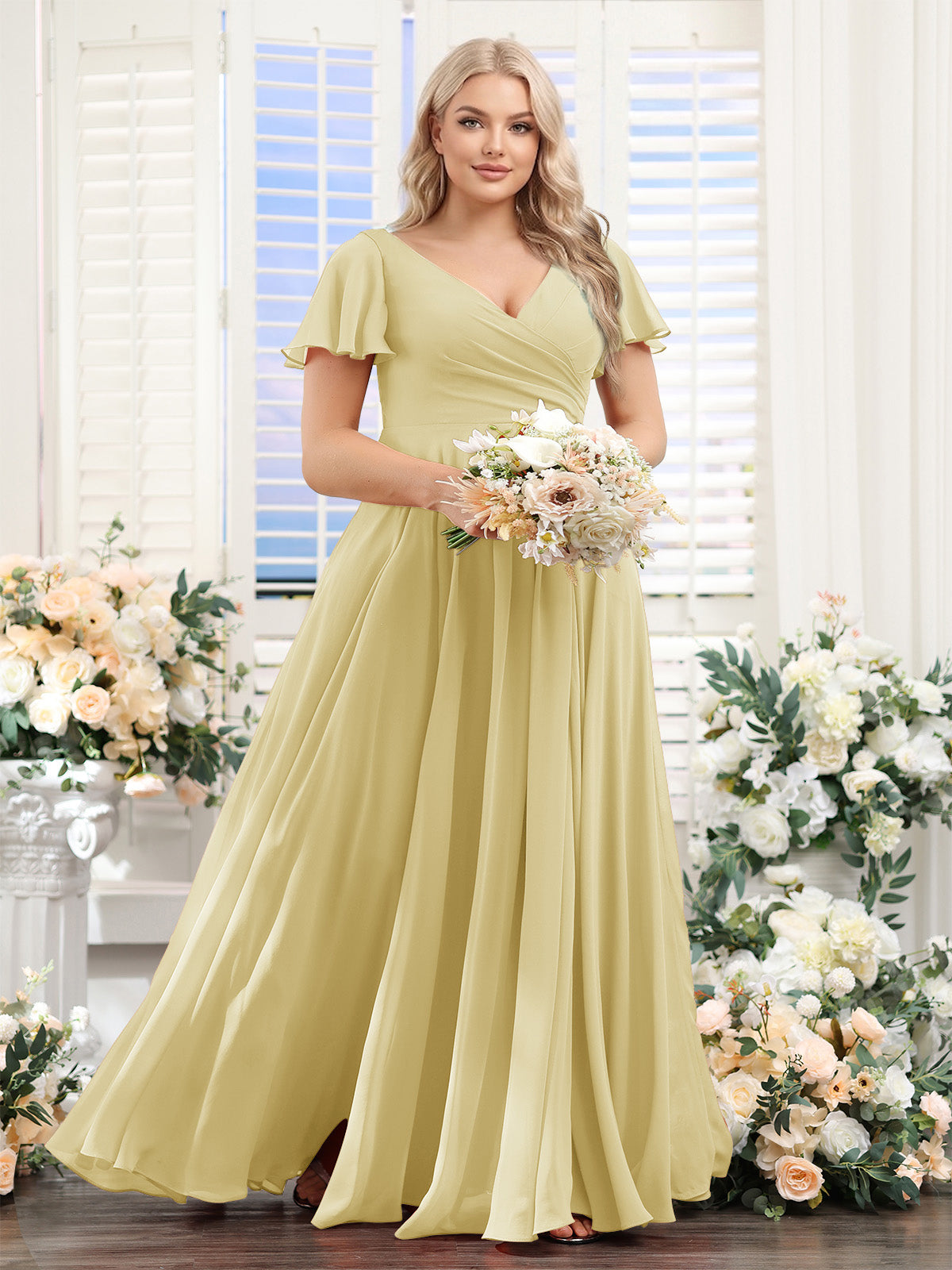 A-Line V-Neck Short Sleeves Split Side Ruched Chiffon Plus Size Bridesmaid Dresses Yellow