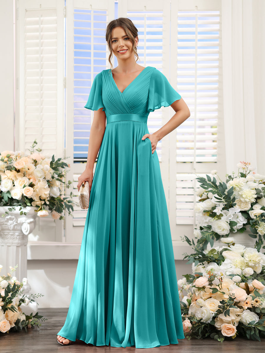 A-Line V-Neck Short Sleeves Chiffon Bridesmaid Dresses with Pockets Aqua Blue