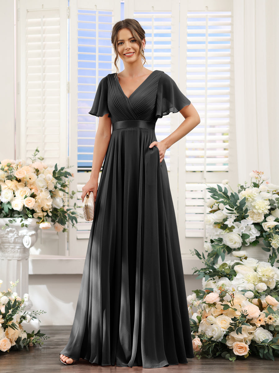 A-Line V-Neck Short Sleeves Chiffon Bridesmaid Dresses with Pockets Black