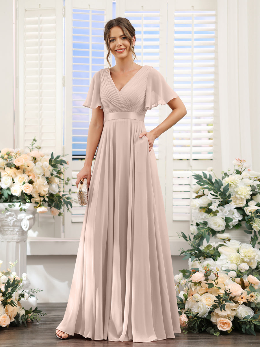 A-Line V-Neck Short Sleeves Chiffon Bridesmaid Dresses with Pockets Blush Pink