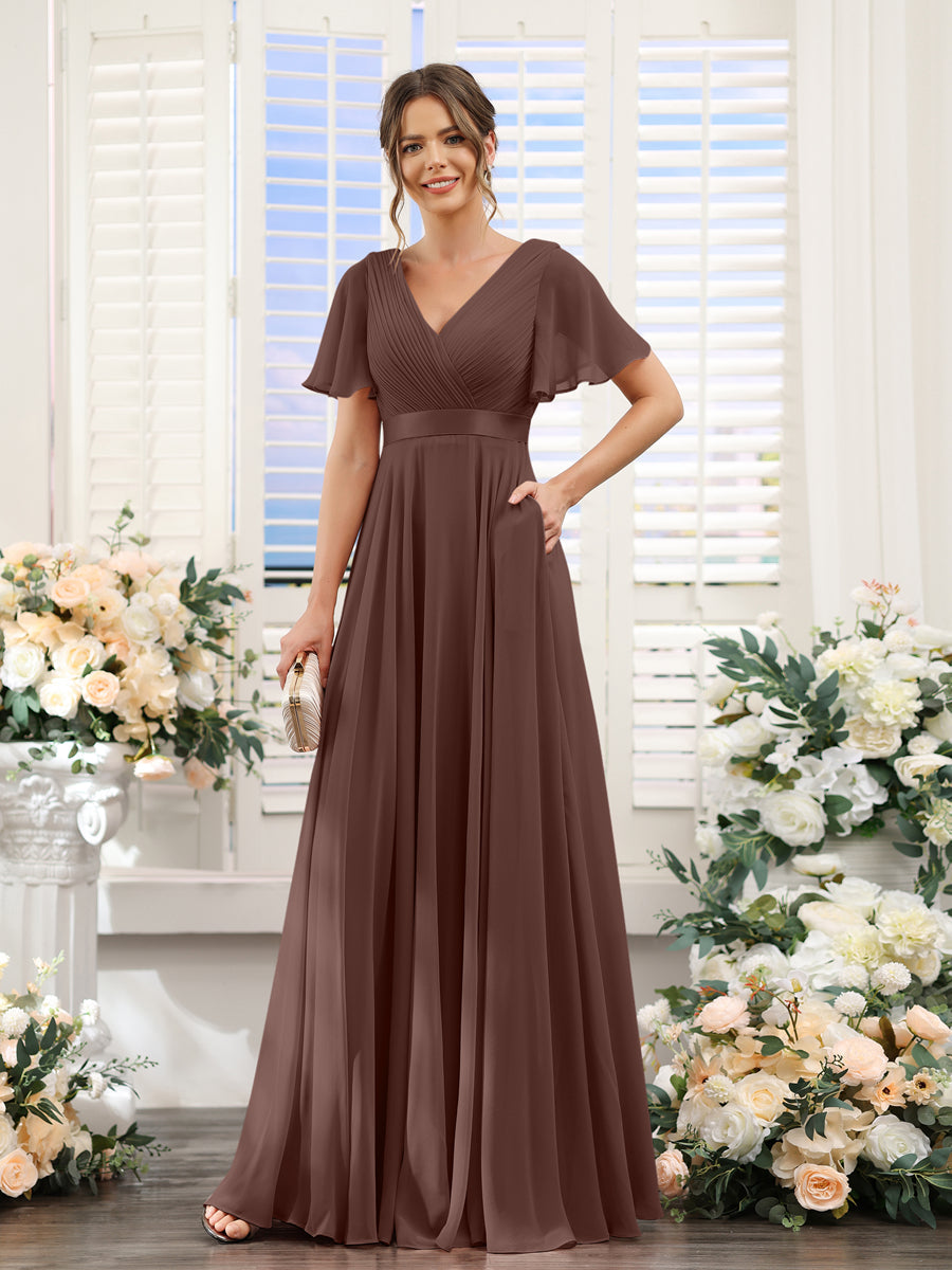 A-Line V-Neck Short Sleeves Chiffon Bridesmaid Dresses with Pockets Brown