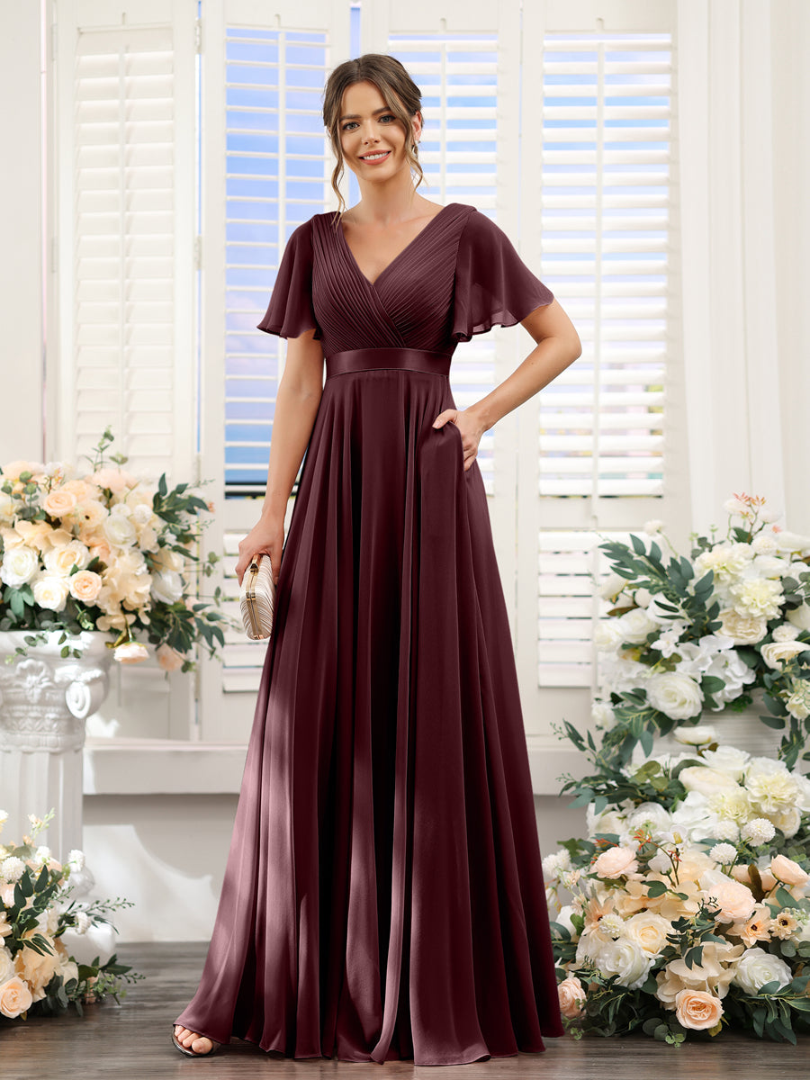 A-Line V-Neck Short Sleeves Chiffon Bridesmaid Dresses with Pockets Burgundy