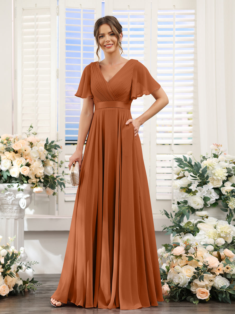 A-Line V-Neck Short Sleeves Chiffon Bridesmaid Dresses with Pockets Burnt Orange
