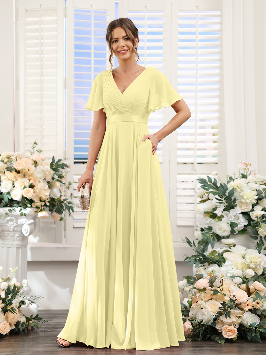 A-Line V-Neck Short Sleeves Chiffon Bridesmaid Dresses with Pockets Canary
