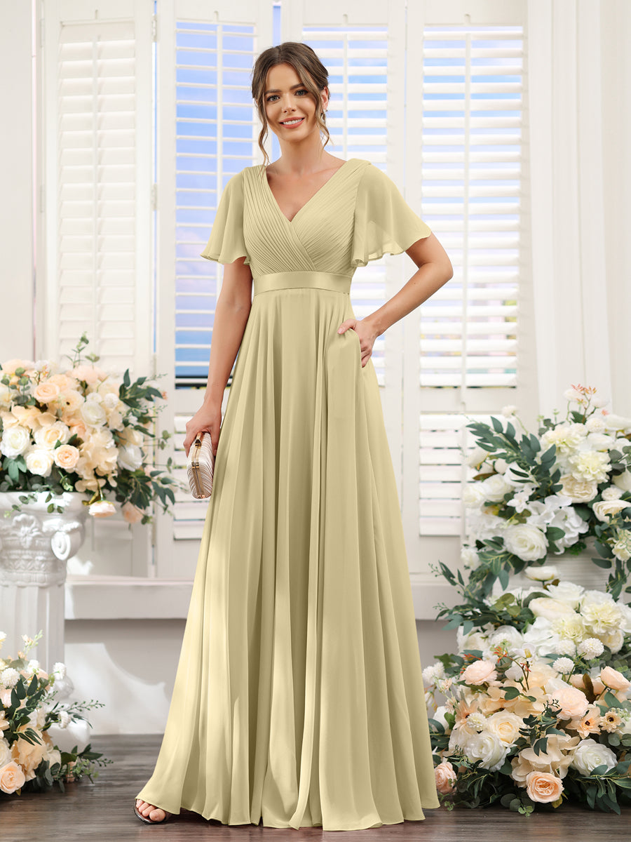A-Line V-Neck Short Sleeves Chiffon Bridesmaid Dresses with Pockets Champagne