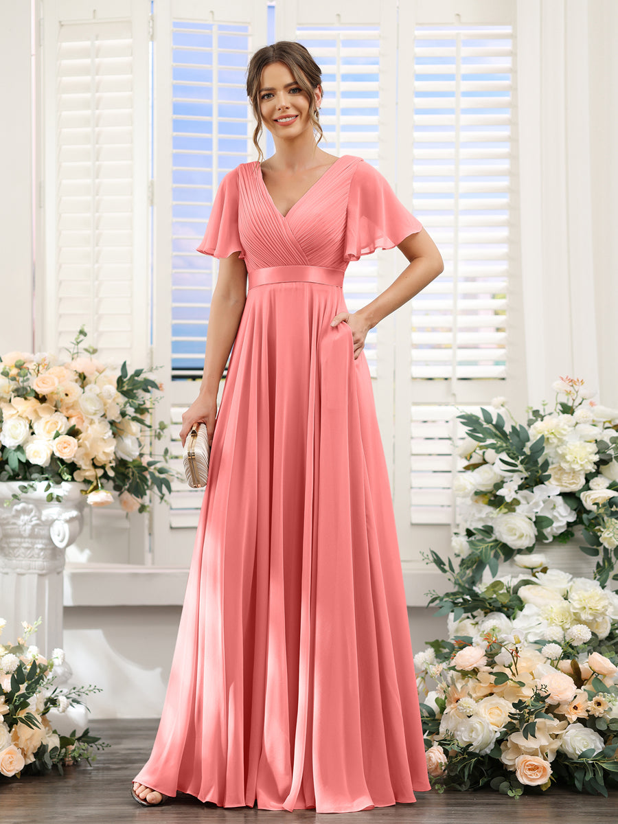 A-Line V-Neck Short Sleeves Chiffon Bridesmaid Dresses with Pockets Coral