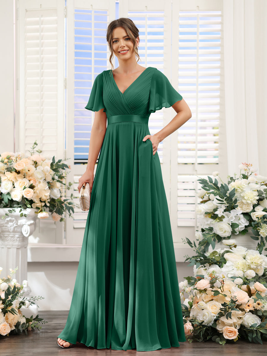 A-Line V-Neck Short Sleeves Chiffon Bridesmaid Dresses with Pockets Dark Green
