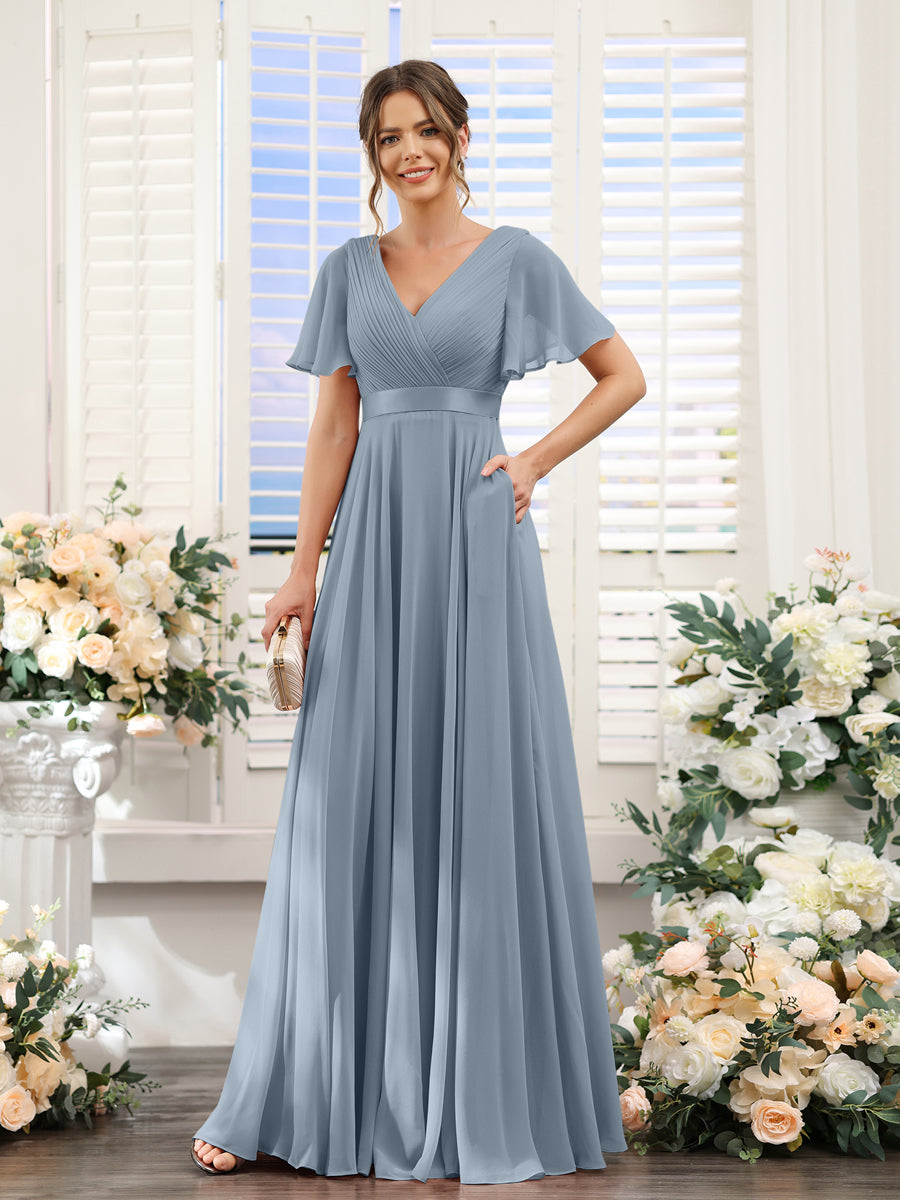 A-Line V-Neck Short Sleeves Chiffon Bridesmaid Dresses with Pockets Dusty Blue