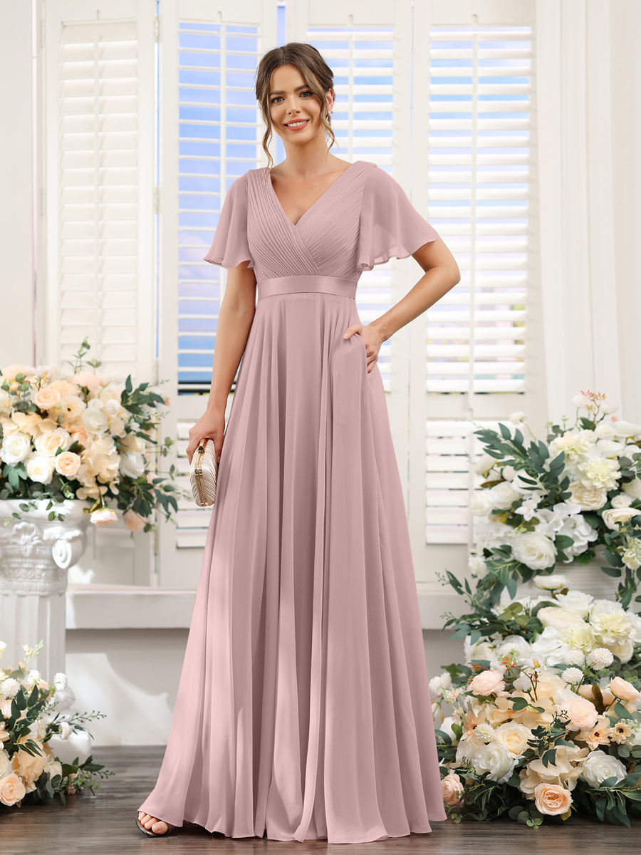 A-Line V-Neck Short Sleeves Chiffon Bridesmaid Dresses with Pockets Dusty Pink