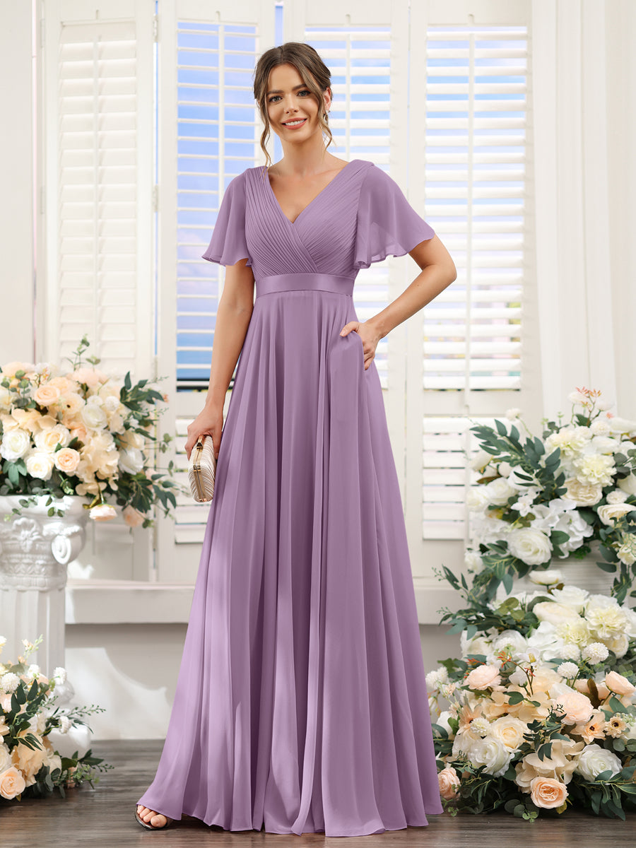 A-Line V-Neck Short Sleeves Chiffon Bridesmaid Dresses with Pockets Dusty Purple