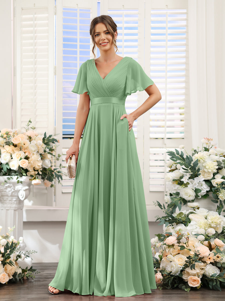 A-Line V-Neck Short Sleeves Chiffon Bridesmaid Dresses with Pockets Dusty Sage