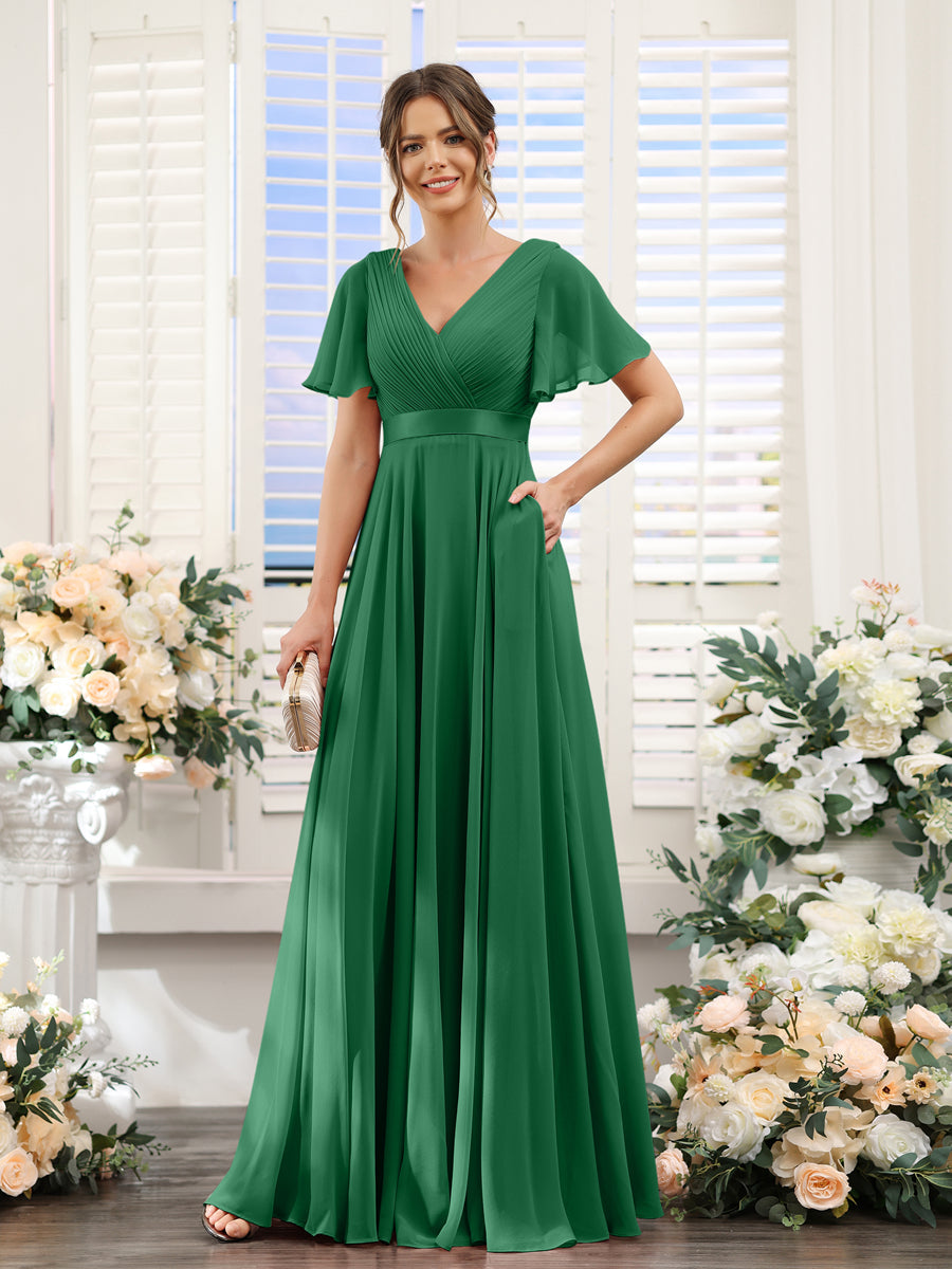 A-Line V-Neck Short Sleeves Chiffon Bridesmaid Dresses with Pockets Emerald