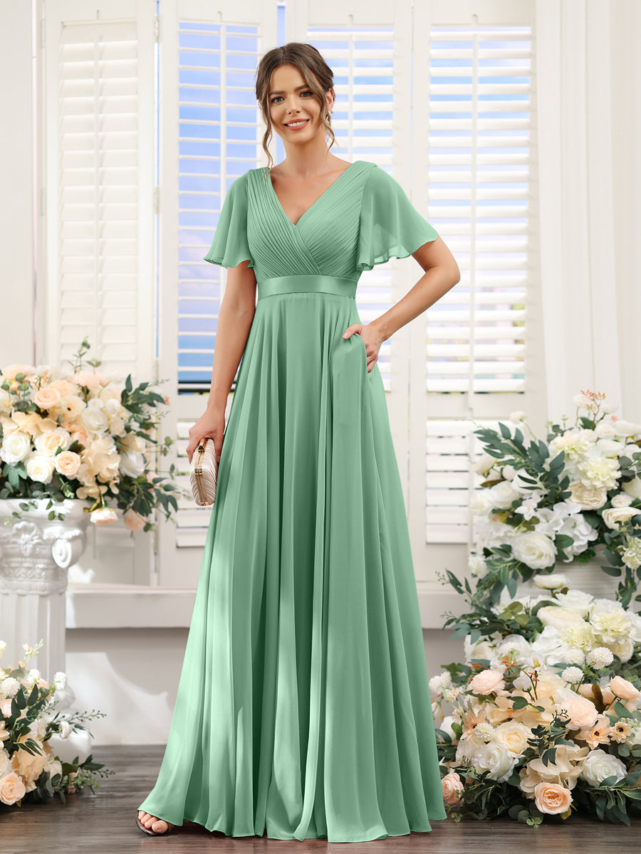 A-Line V-Neck Short Sleeves Chiffon Bridesmaid Dresses with Pockets Eucalyptus