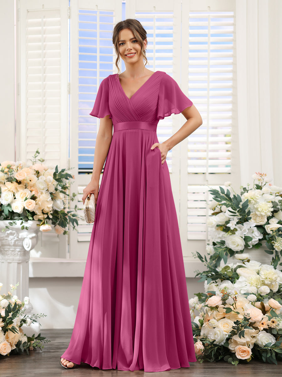 A-Line V-Neck Short Sleeves Chiffon Bridesmaid Dresses with Pockets Fuchsia