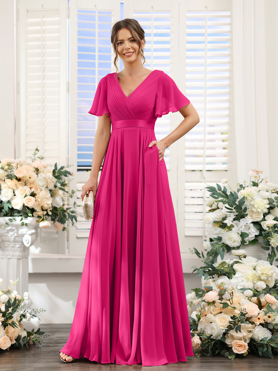 A-Line V-Neck Short Sleeves Chiffon Bridesmaid Dresses with Pockets Fuchsia Pink
