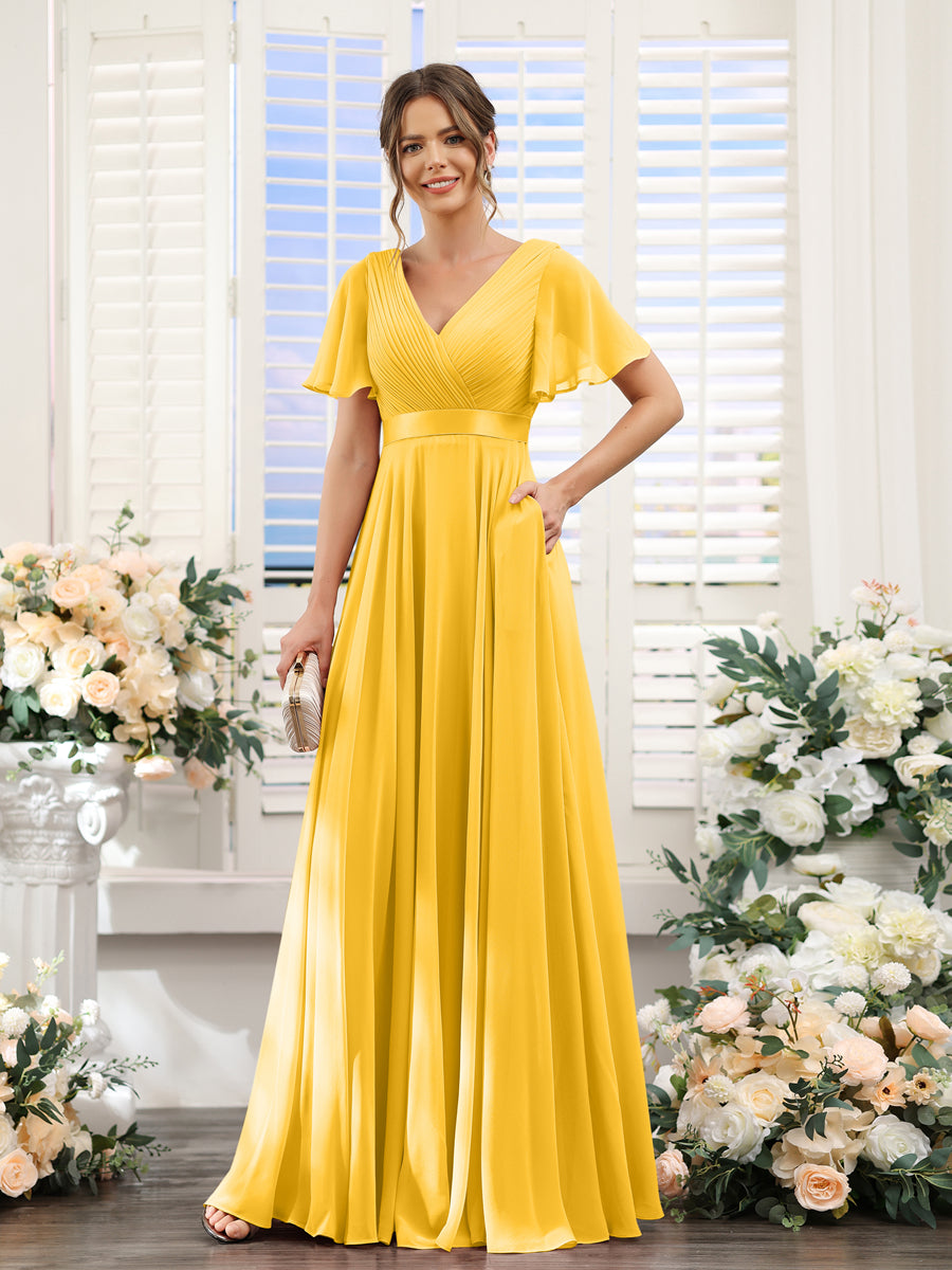 A-Line V-Neck Short Sleeves Chiffon Bridesmaid Dresses with Pockets Gold